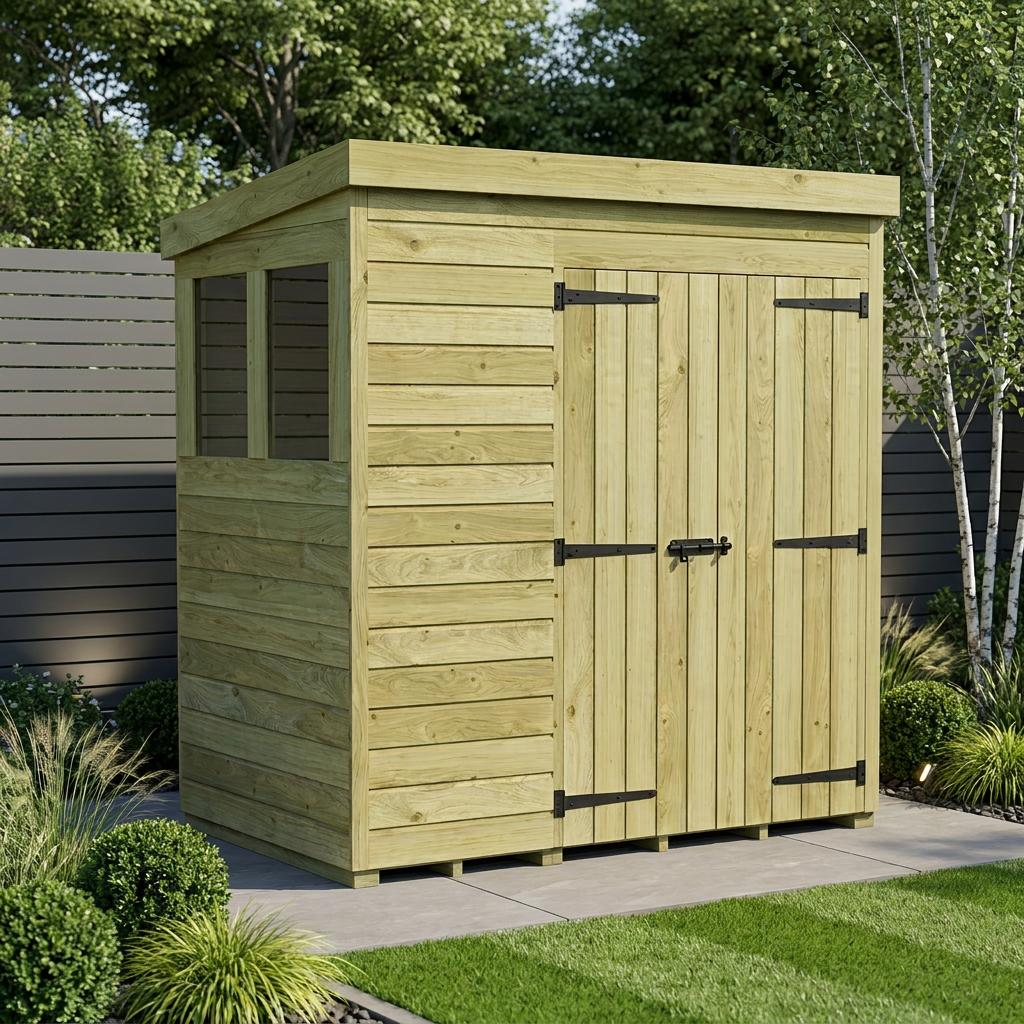 6 x 4 Pent Shed (Double Door, With Windows)