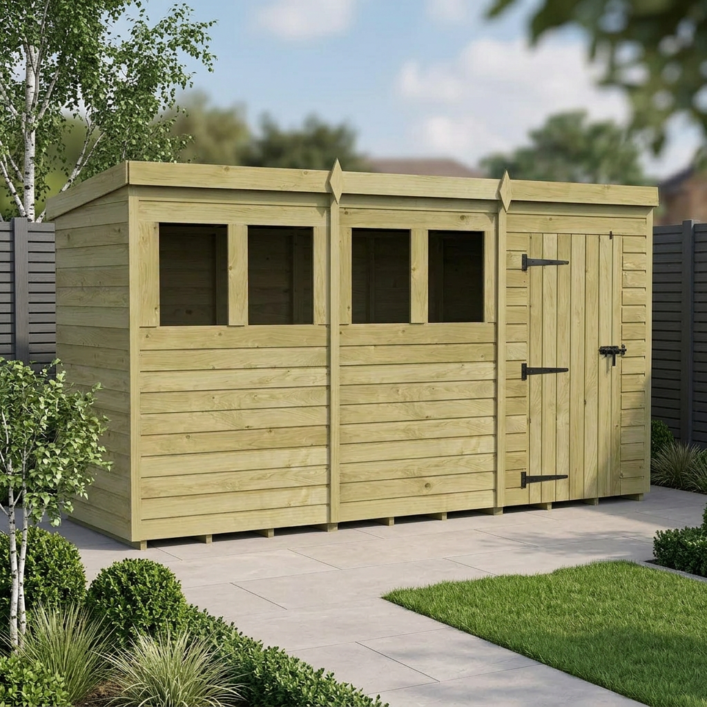 12 x 4 Pent Shed (Single Door, With Windows)