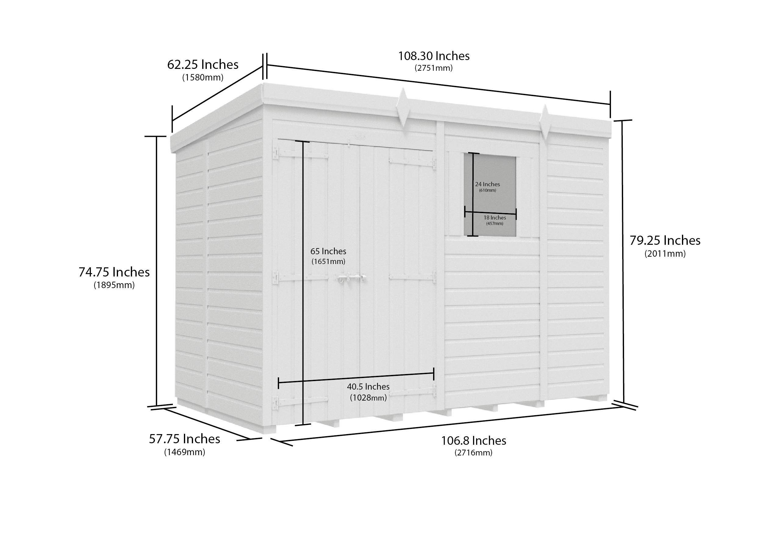 9 x 5 Pent Shed (Double Door, With Windows)