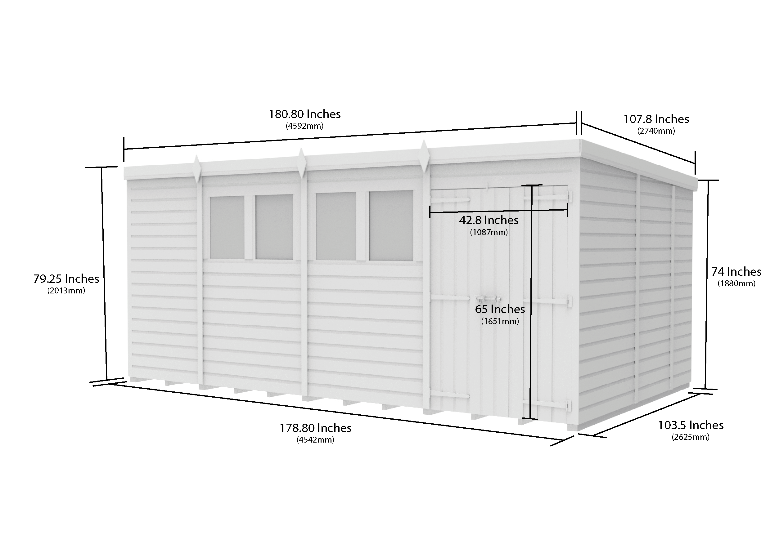 15 x 9 Pent Shed (Double Door, With Windows)
