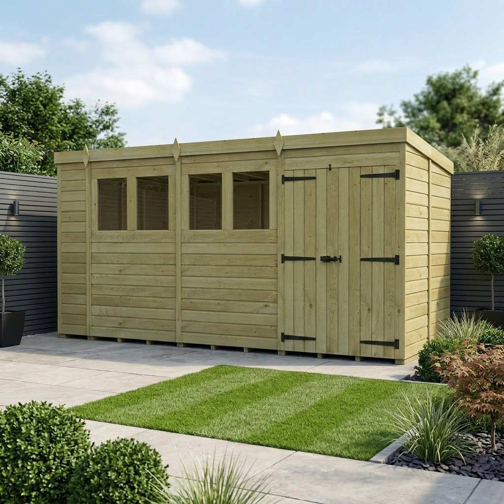 15 x 9 Pent Shed (Double Door, With Windows)