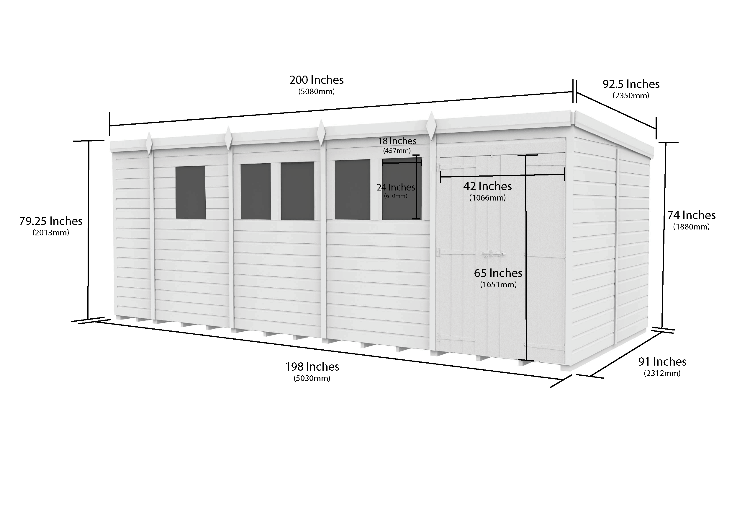 17 x 8 Pent Shed (Double Door, With Windows)