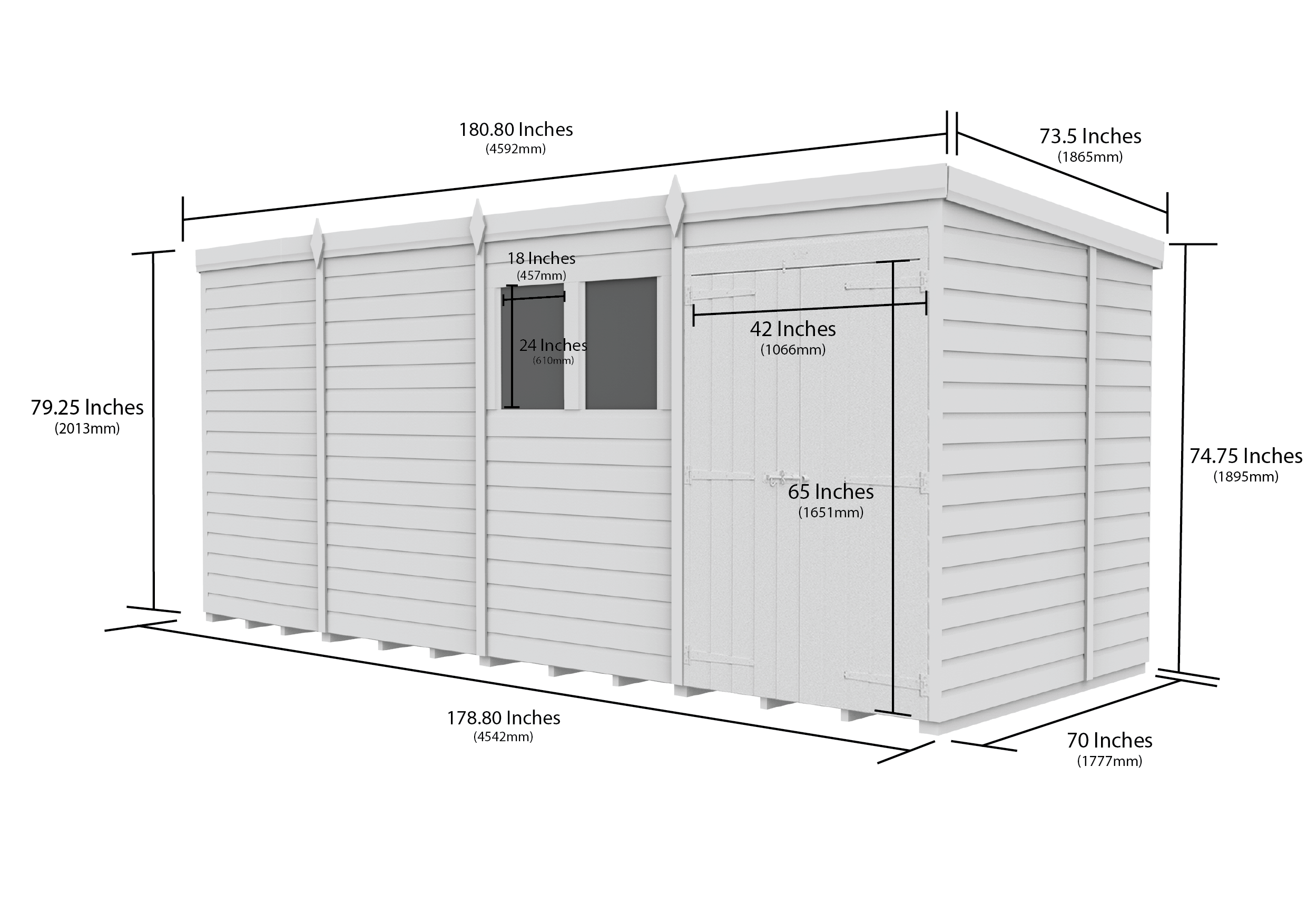 15 x 6 Pent Shed (Double Door, With Windows)