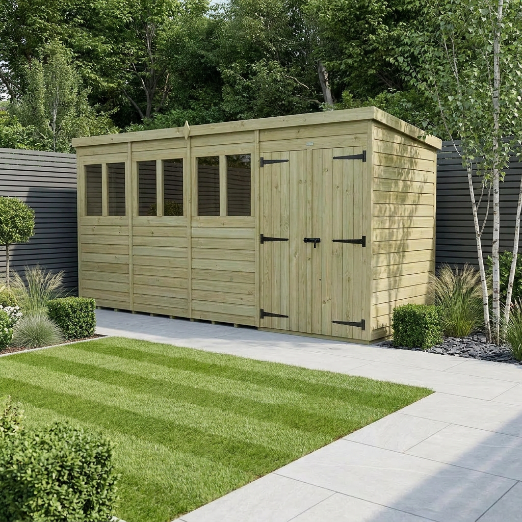 15 x 6 Pent Shed (Double Door, With Windows)
