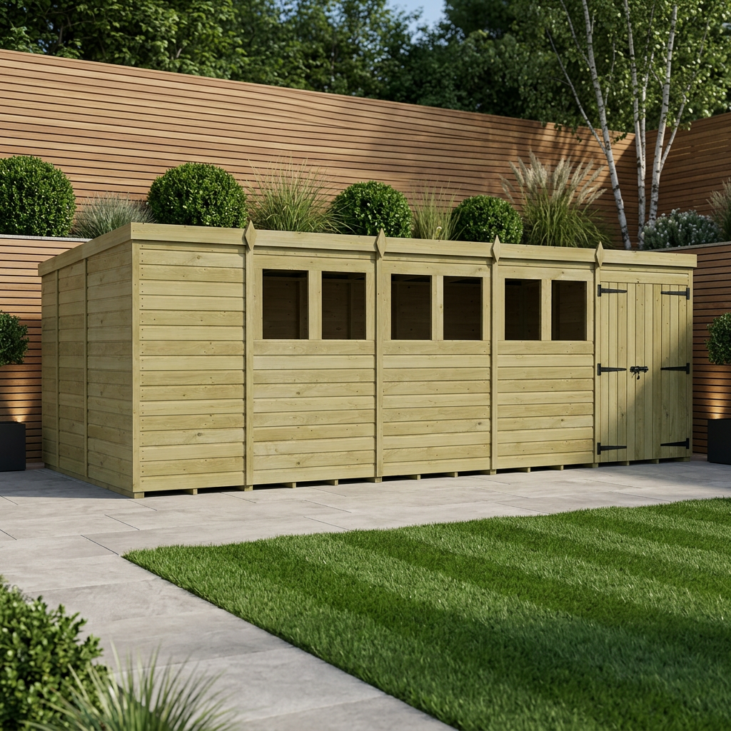 19 x 9 Pent Shed (Double Door, With Windows)