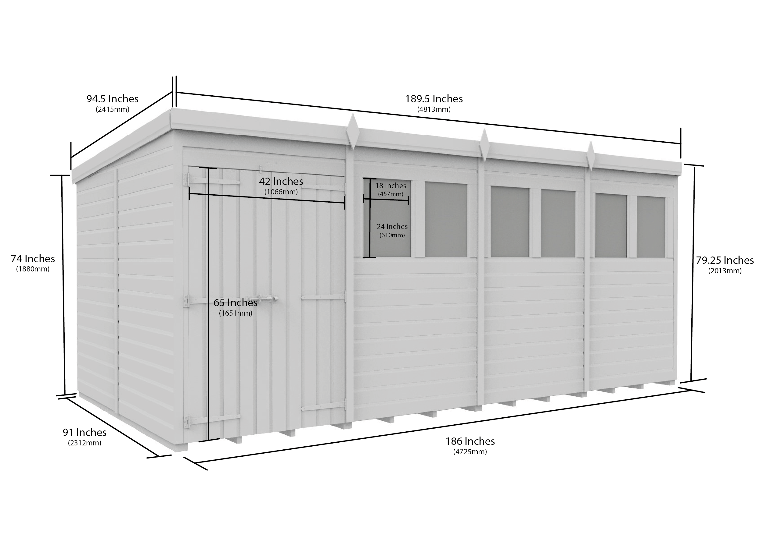 16 x 8 Pent Shed (Double Door, With Windows)