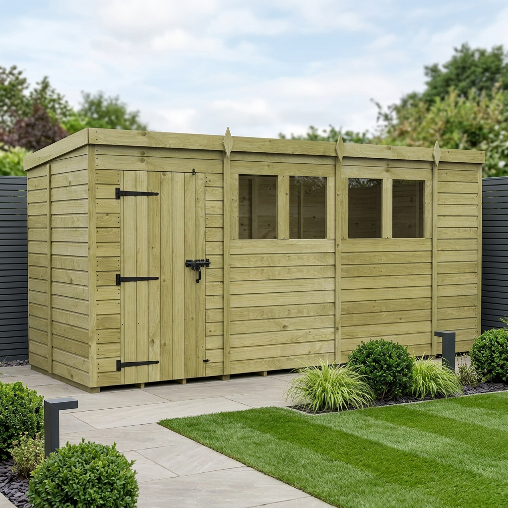 14 x 5 Pent Shed (Single Door, With Windows)