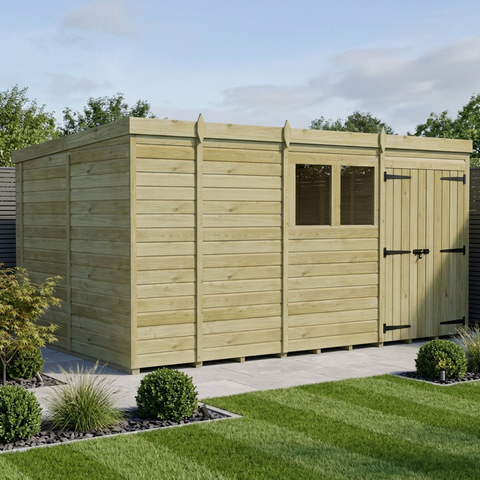 13 x 10 Pent Shed (Double Door, With Windows)