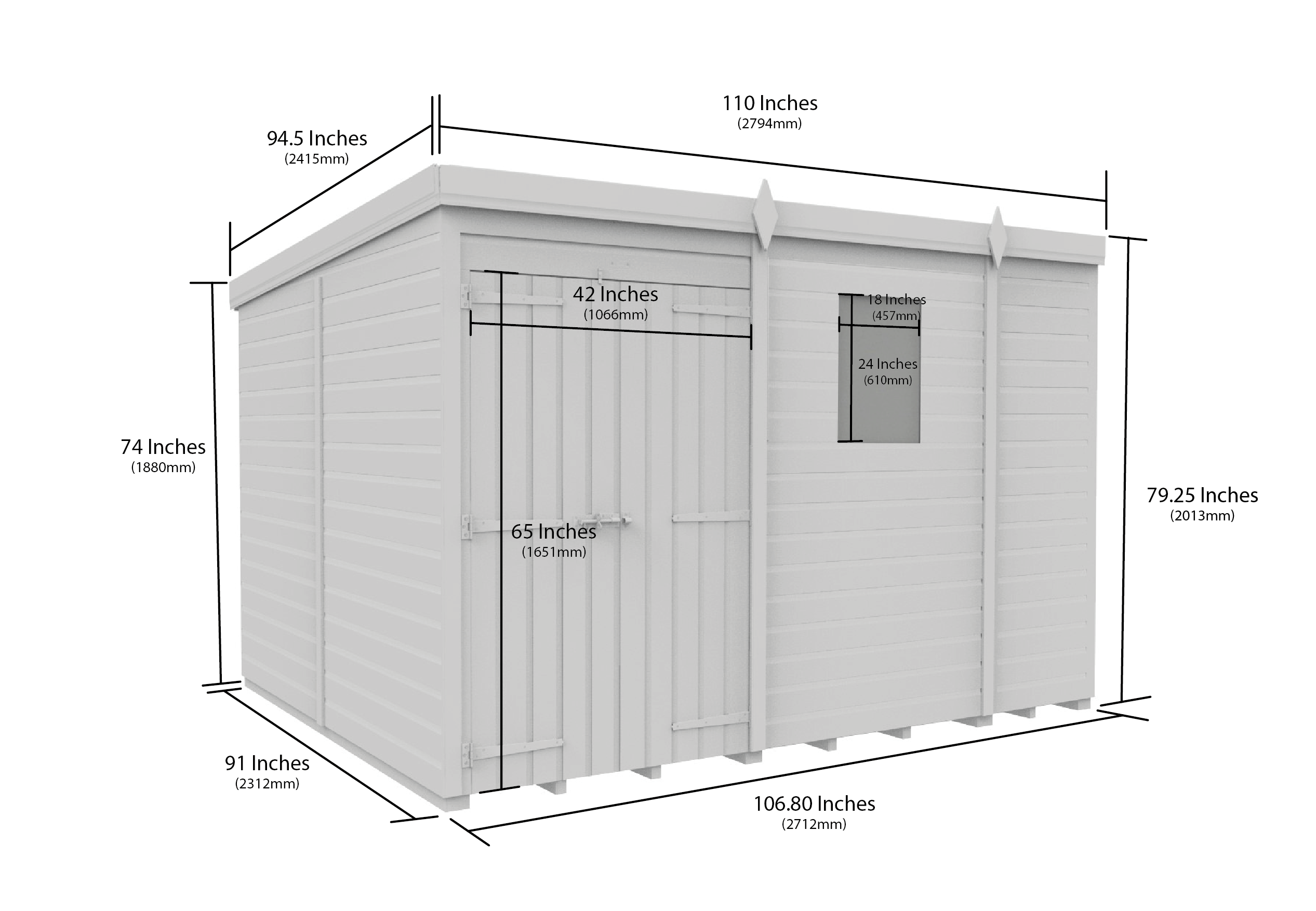 9 x 8 Pent Shed (Double Door, With Windows)