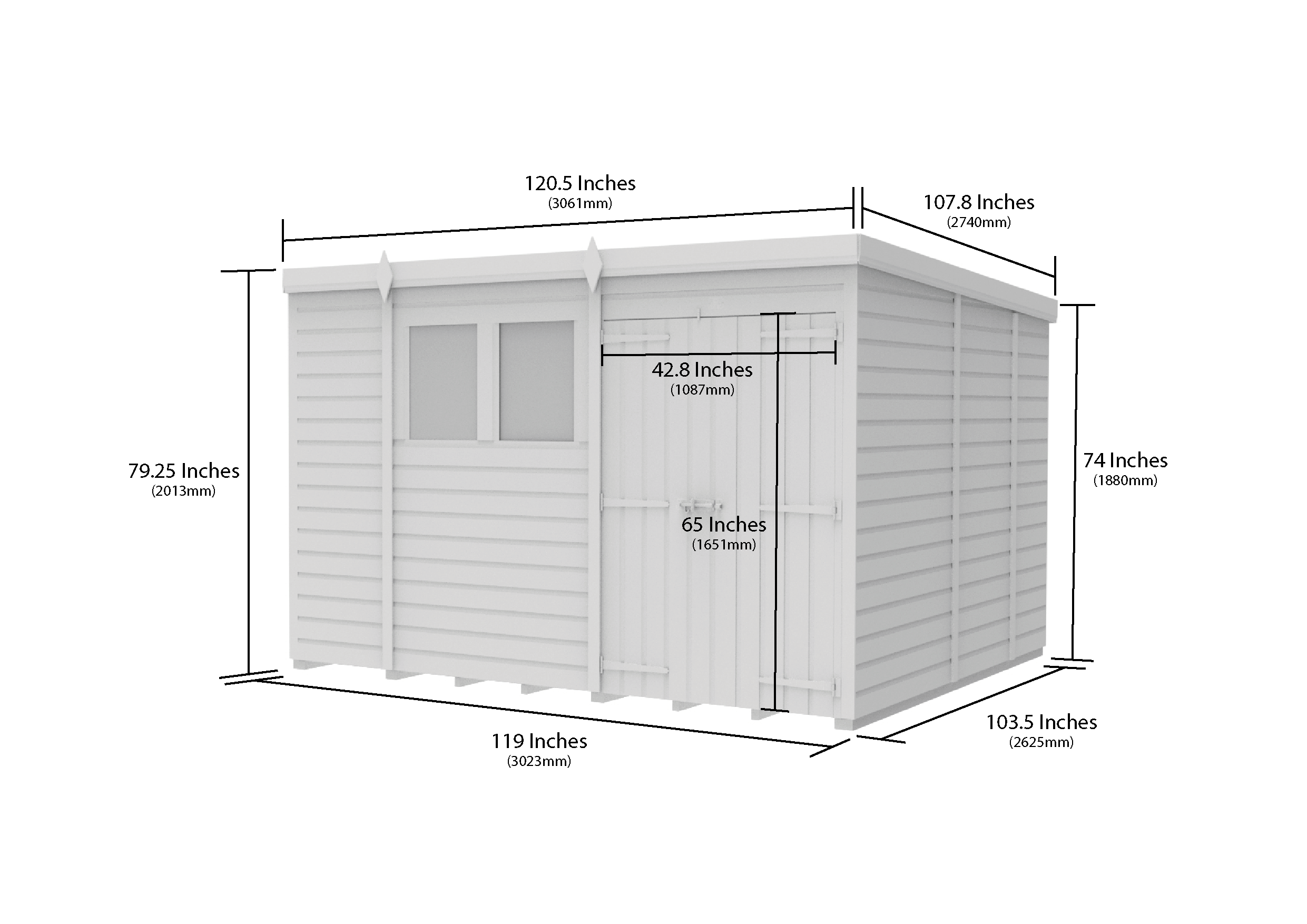 10 x 9 Pent Shed (Double Door, With Windows)