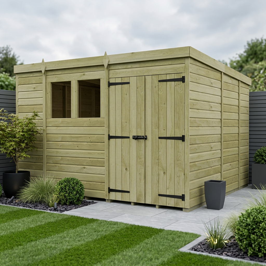 10 x 9 Pent Shed (Double Door, With Windows)