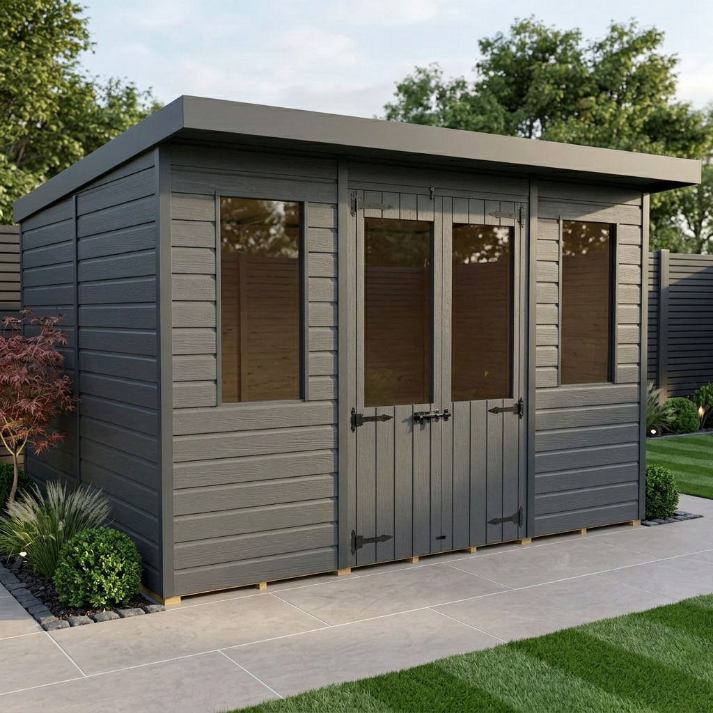 10x8 Composite Pent Summer House (Double Doors, With Windows)