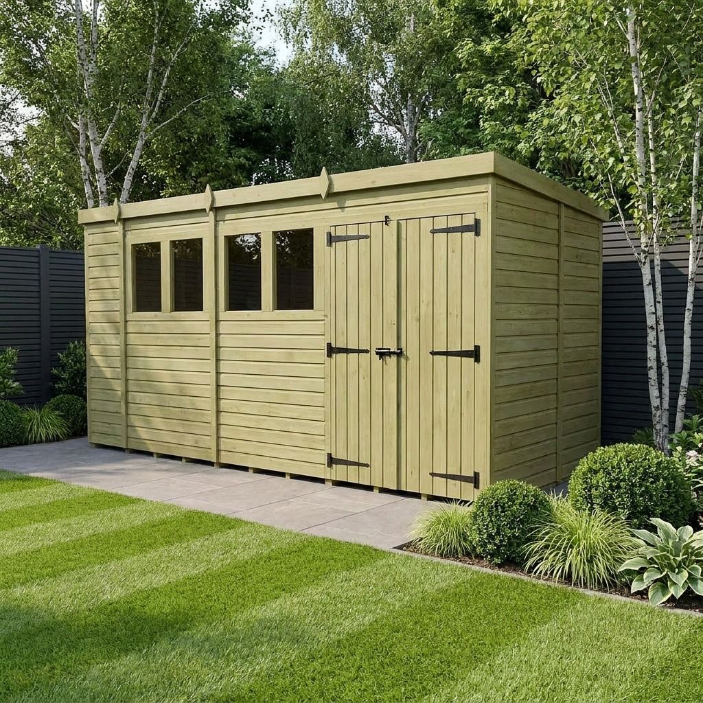17 x 6 Pent Shed (Double Door, With Windows)
