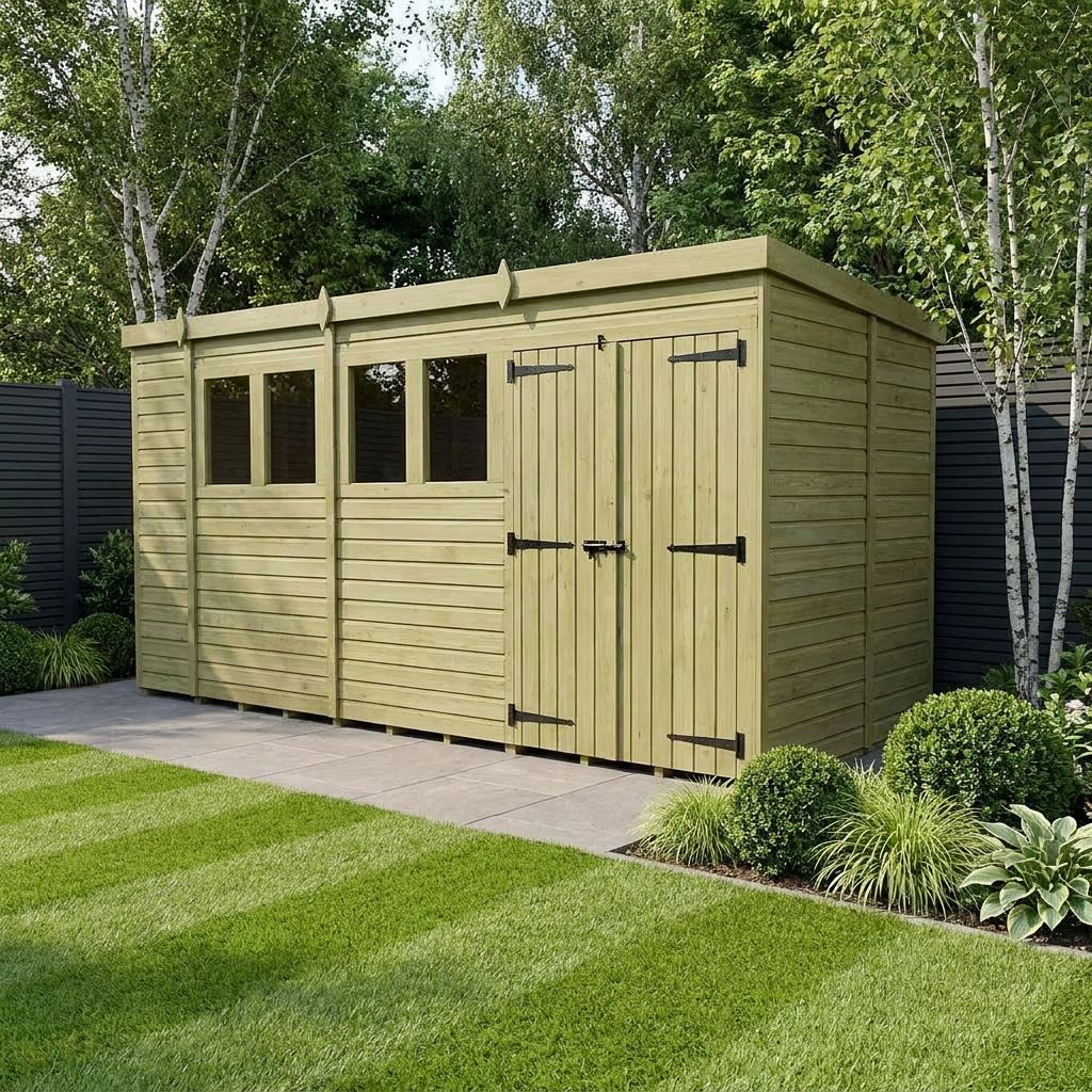 17 x 6 Pent Shed (Double Door, With Windows)