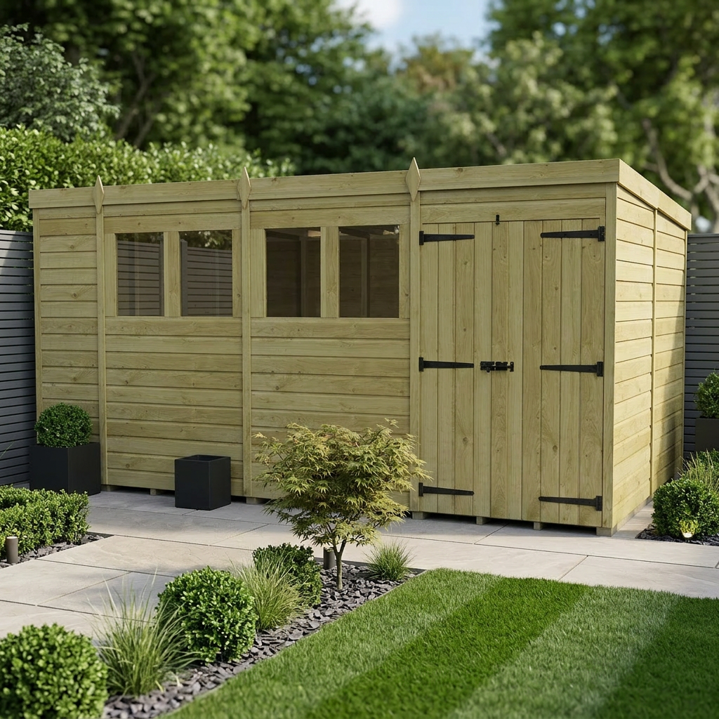 14 x 10 Pent Shed (Double Door, With Windows)