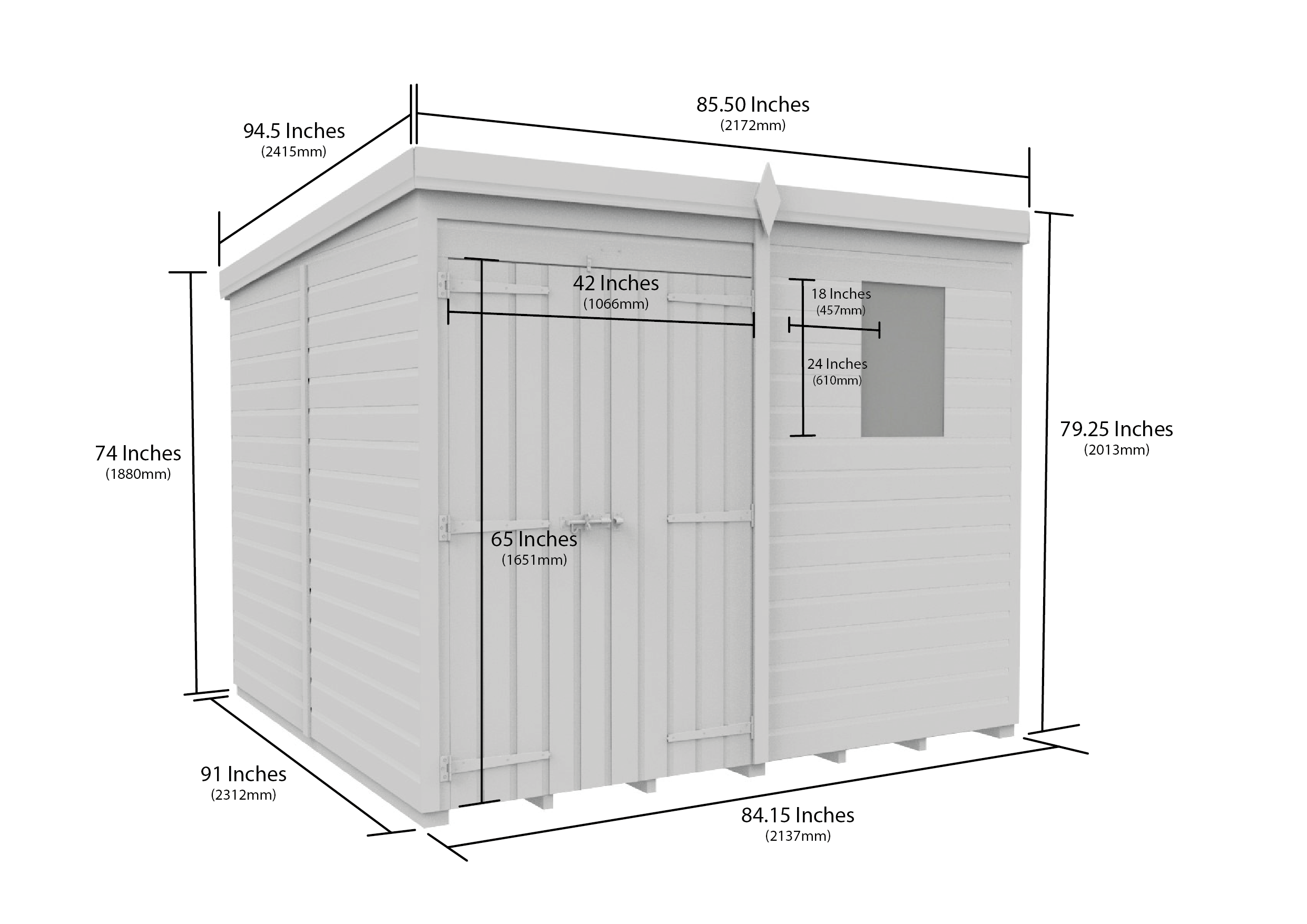 7 x 8 Pent Shed (Double Door, With Windows)