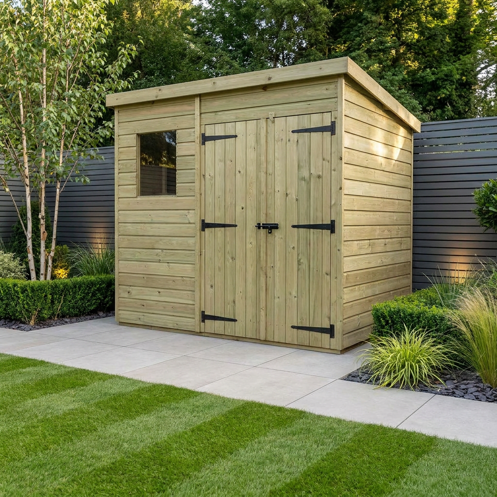 7 x 8 Pent Shed (Double Door, With Windows)