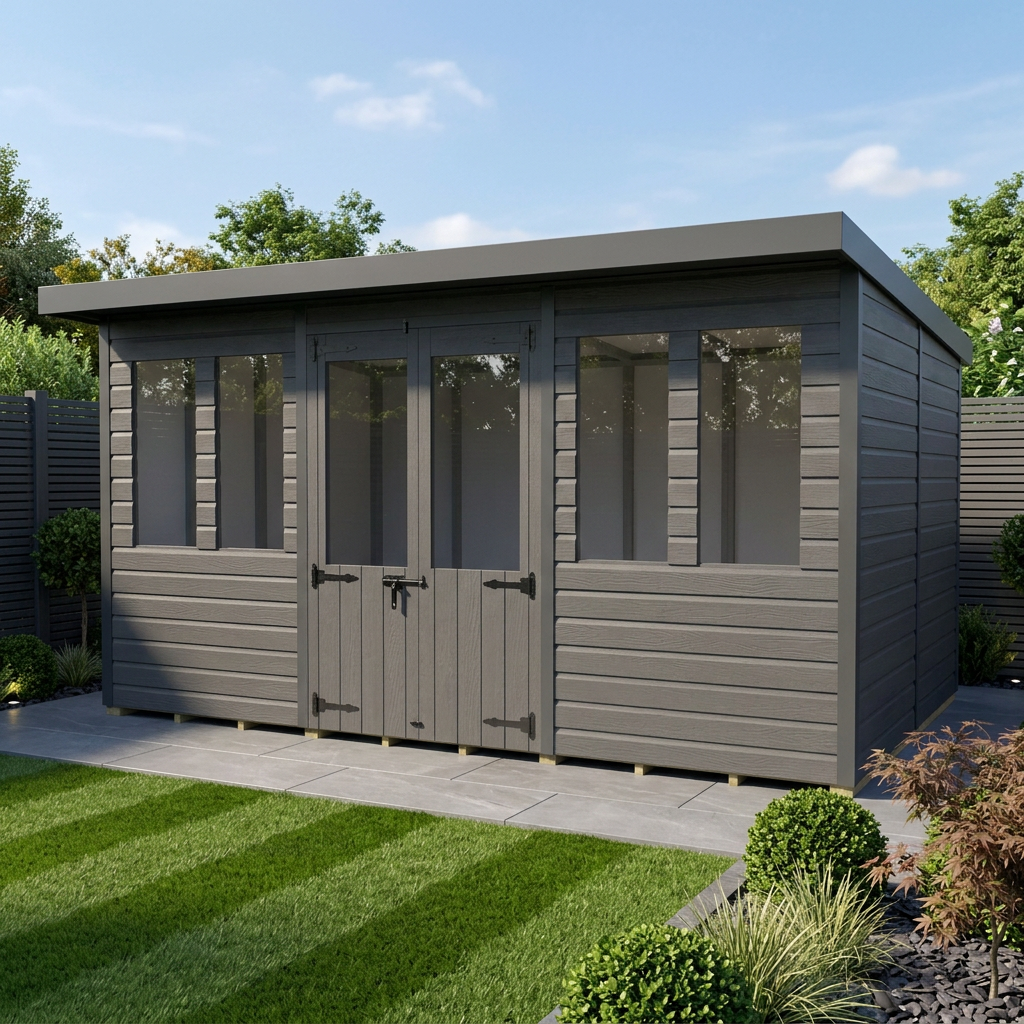 12x8 Composite Pent Summer House (Double Doors, With Windows)