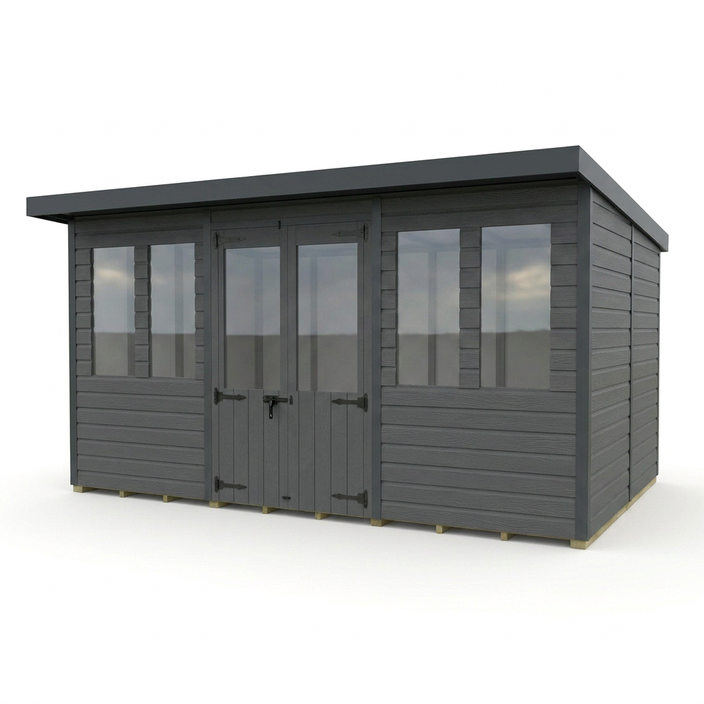 12x8 Composite Pent Summer House (Double Doors, With Windows)