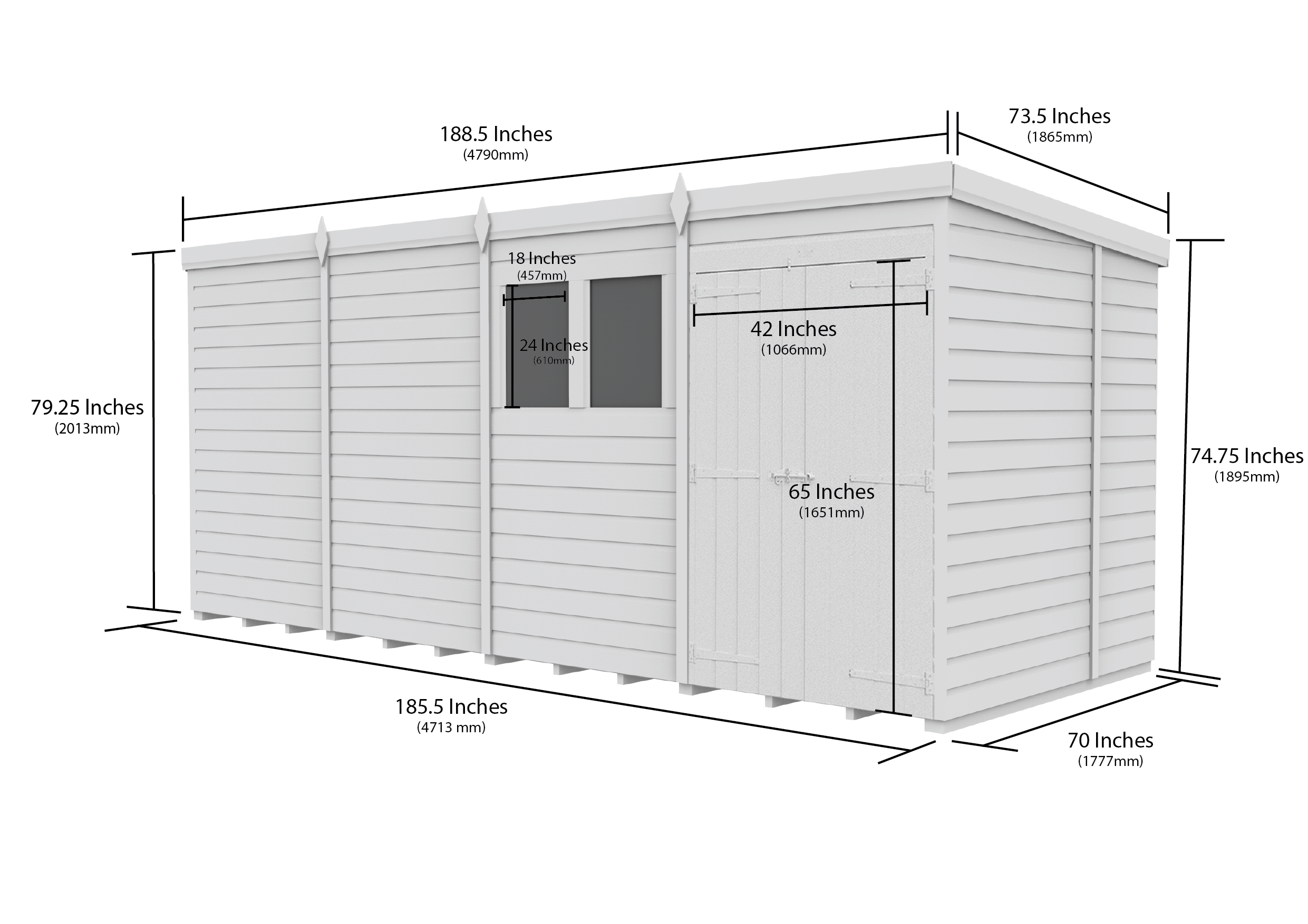 16 x 6 Pent Shed (Double Door, With Windows)