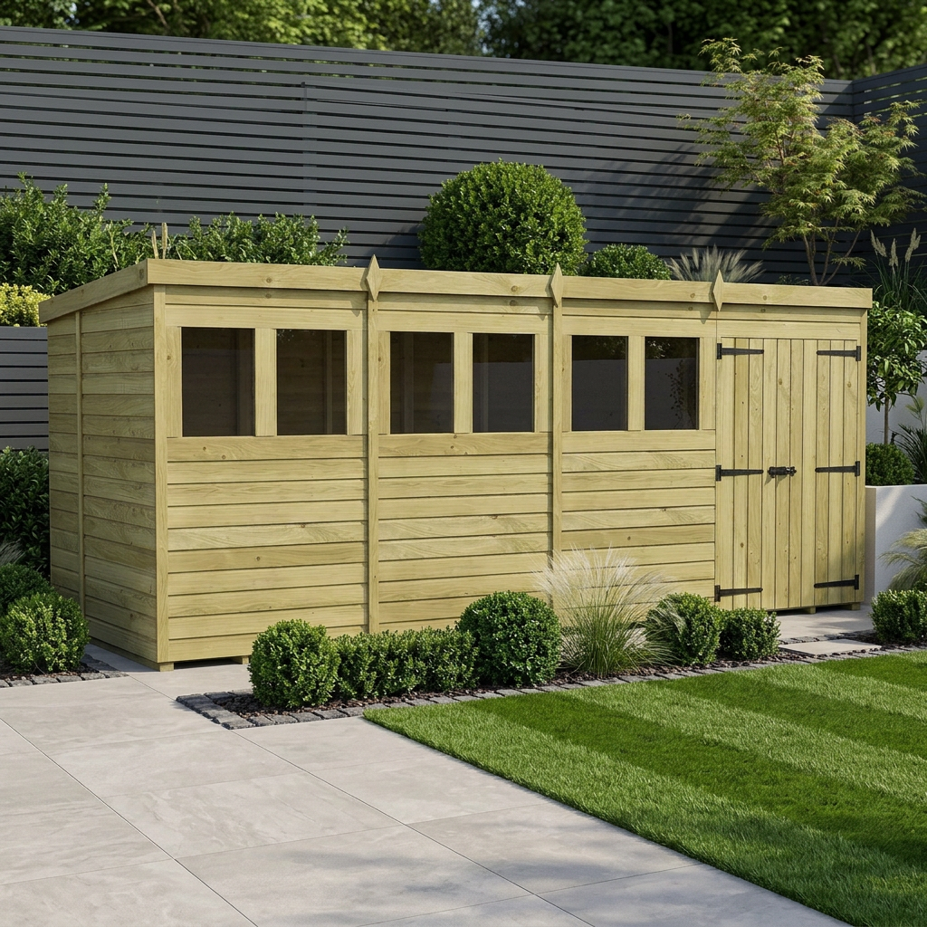 16 x 6 Pent Shed (Double Door, With Windows)