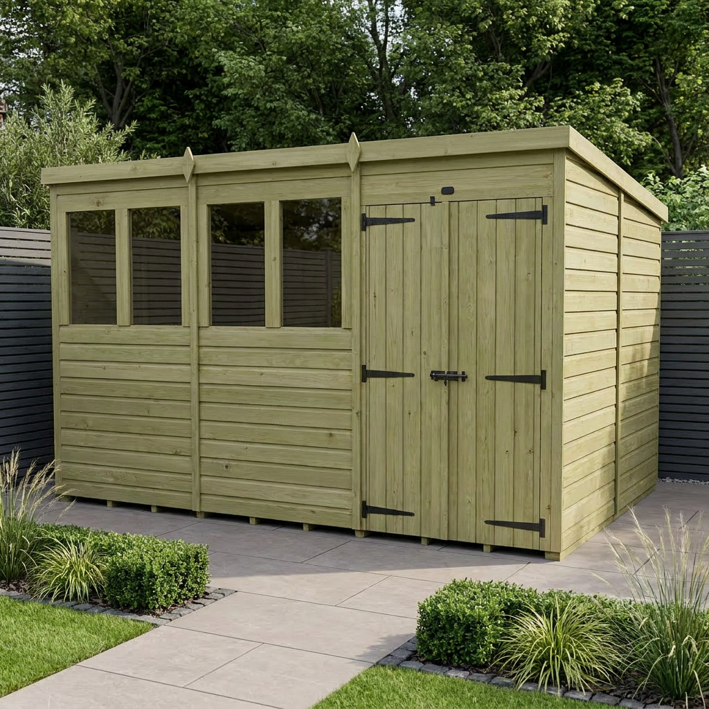 12 x 8 Pent Shed (Double Door, With Windows)