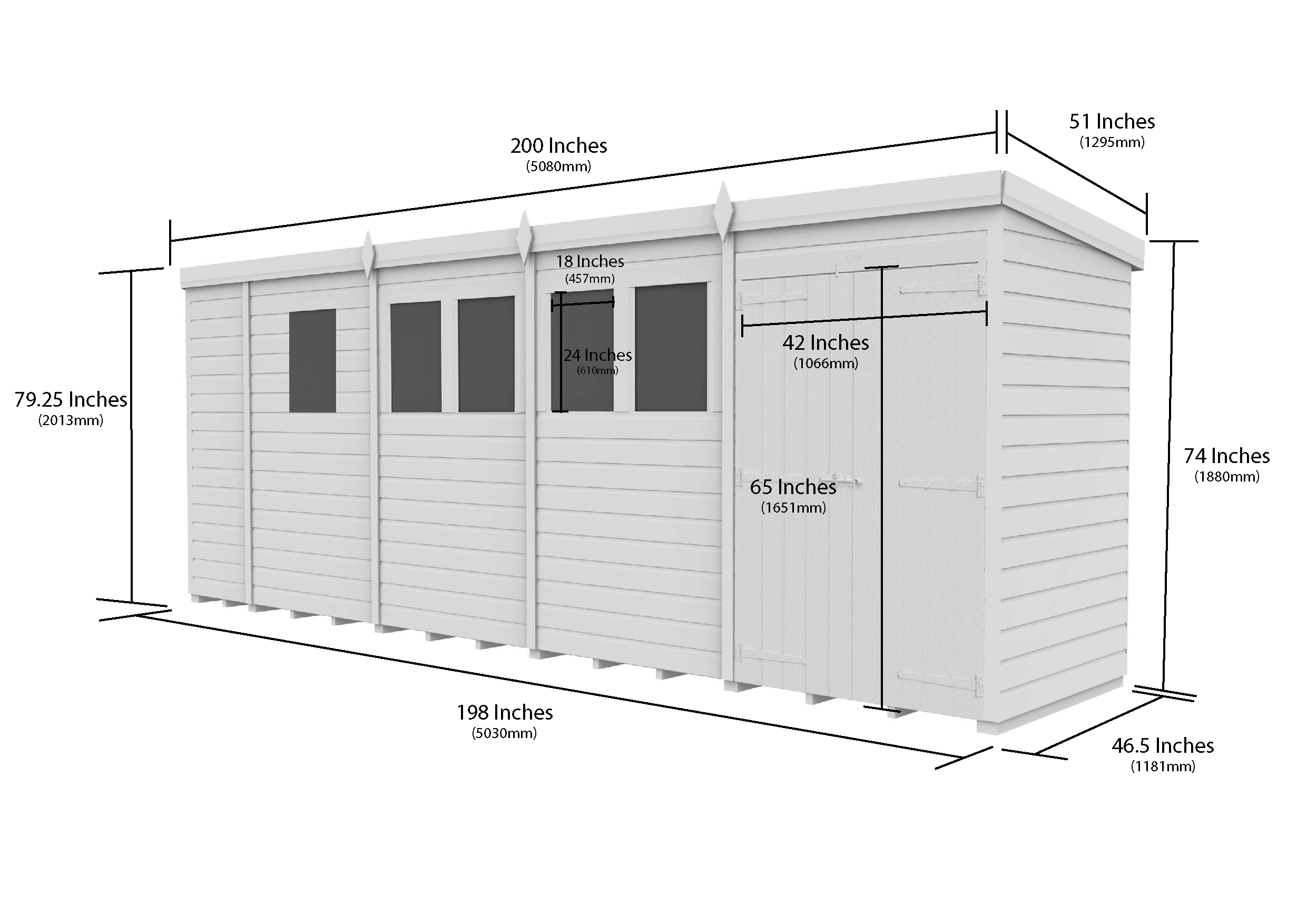 17 x 4 Pent Shed (Double Door, With Windows)