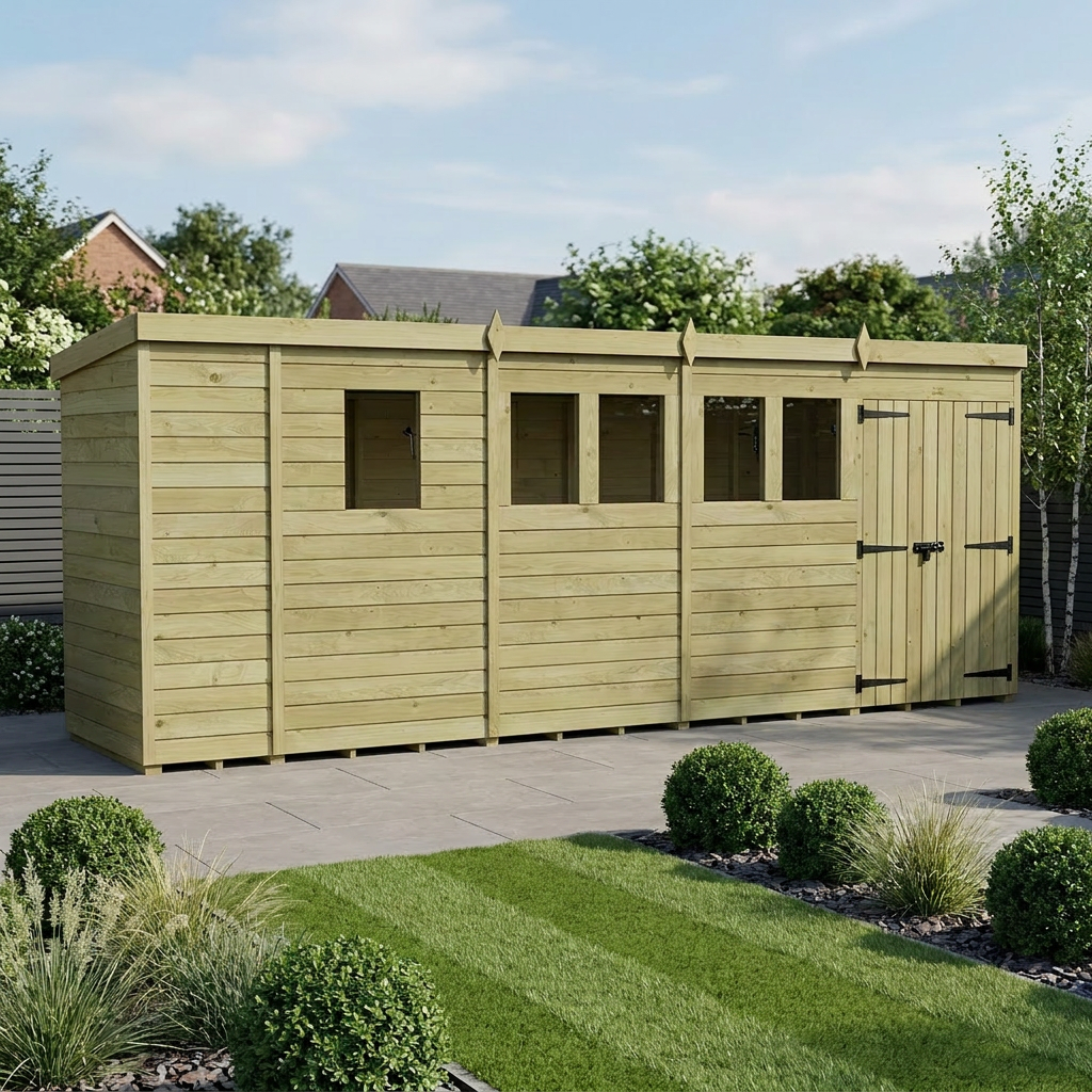 17 x 4 Pent Shed (Double Door, With Windows)