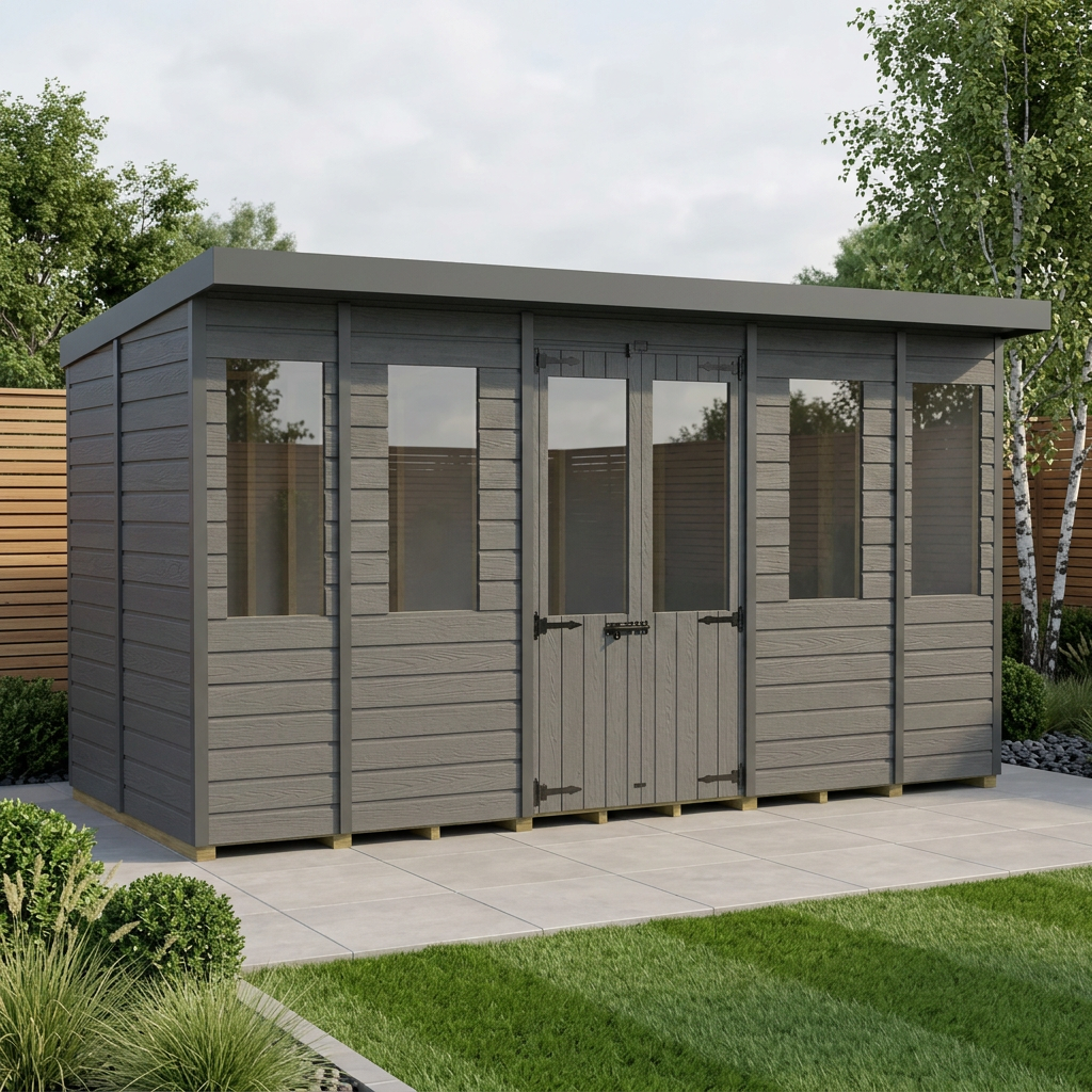 14x6 Composite Pent Summer House (Double Doors, With Windows)