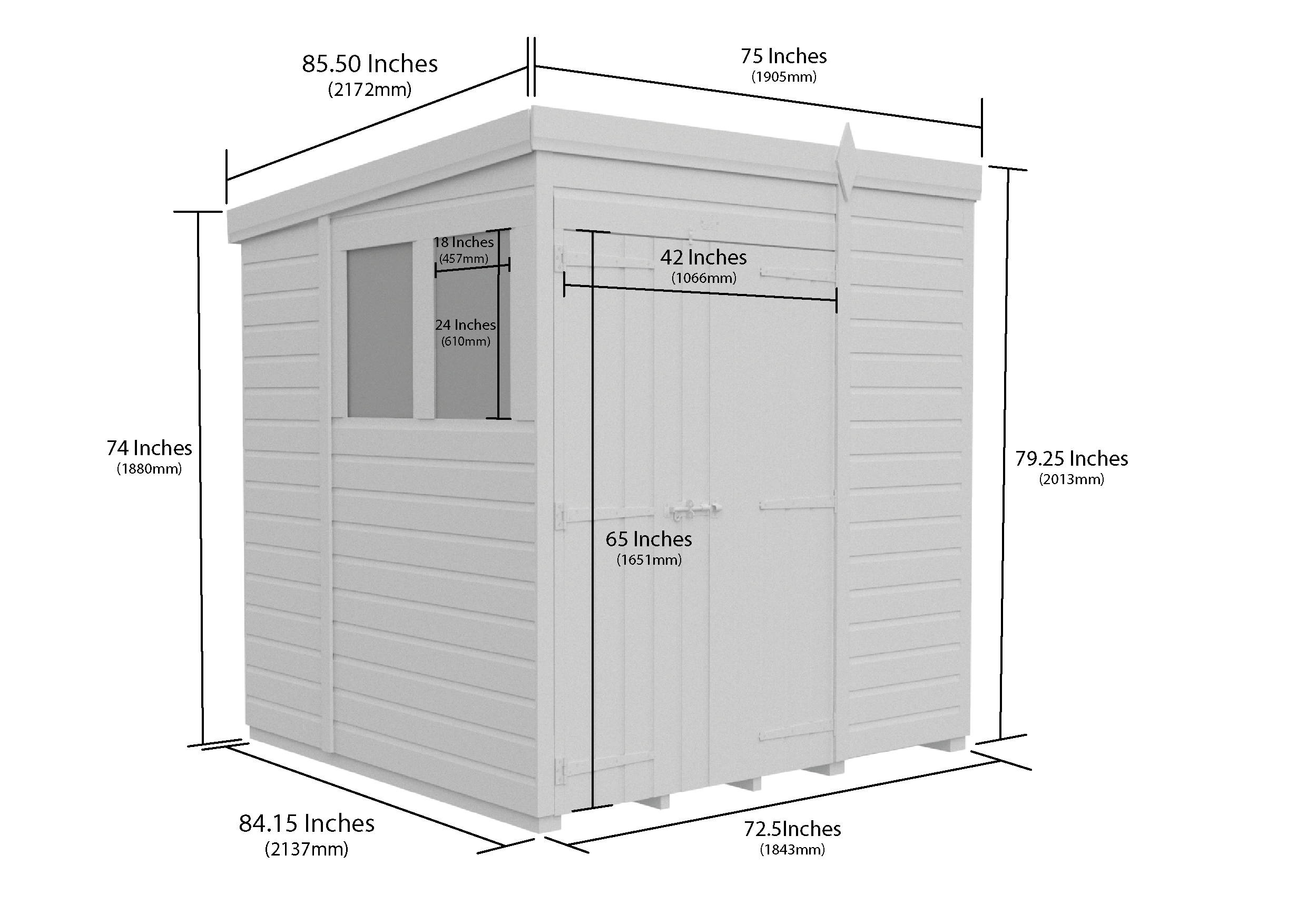 6 x 7 Pent Shed (Double Door, With Windows)