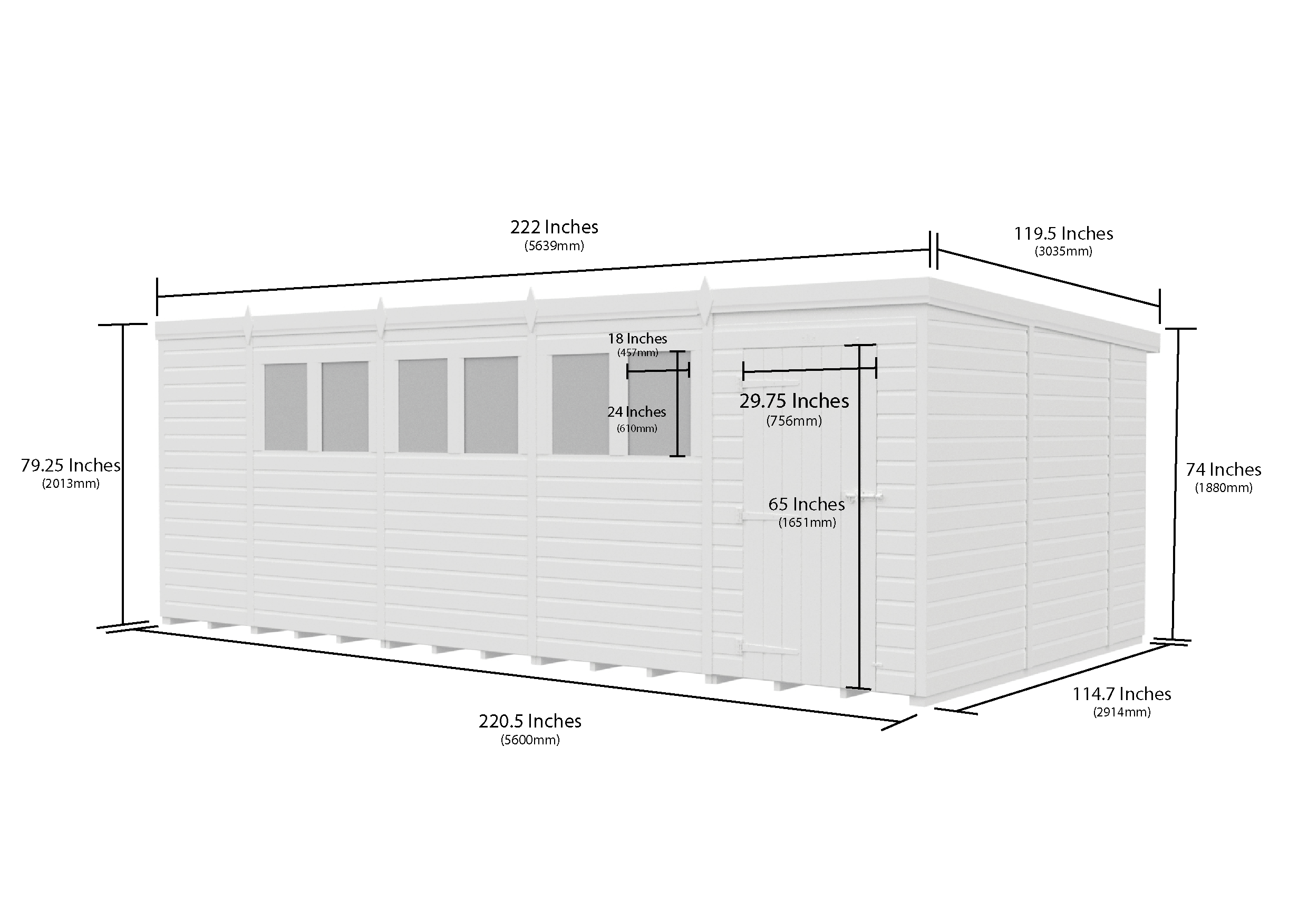 19 x 10 Pent Shed (Single Door, With Windows)