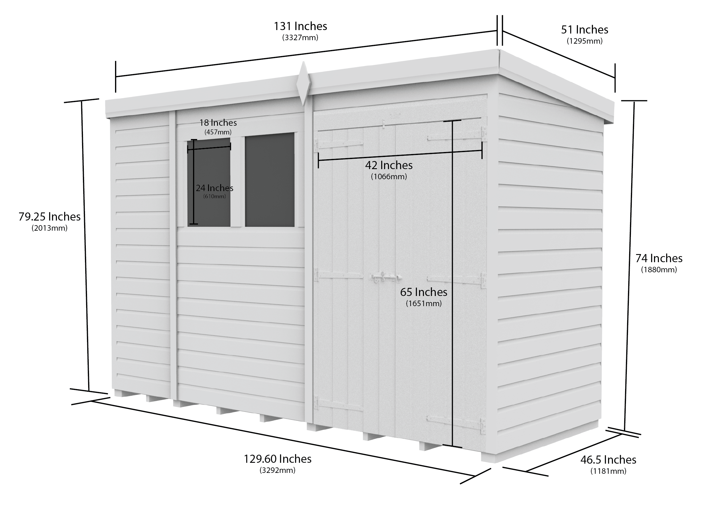 11 x 4 Pent Shed (Double Door, With Windows)