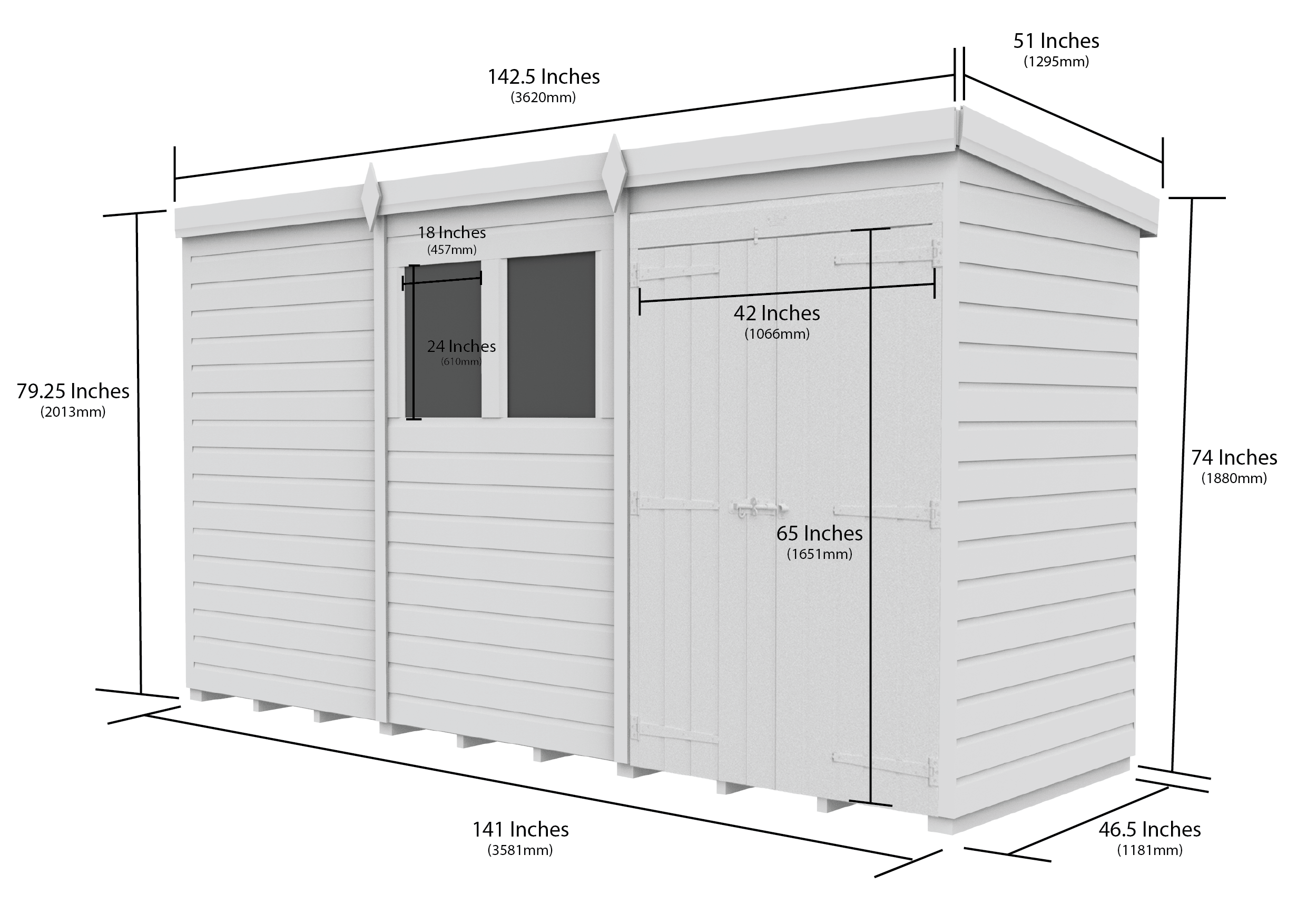 12 x 4 Pent Shed (Double Door, With Windows)