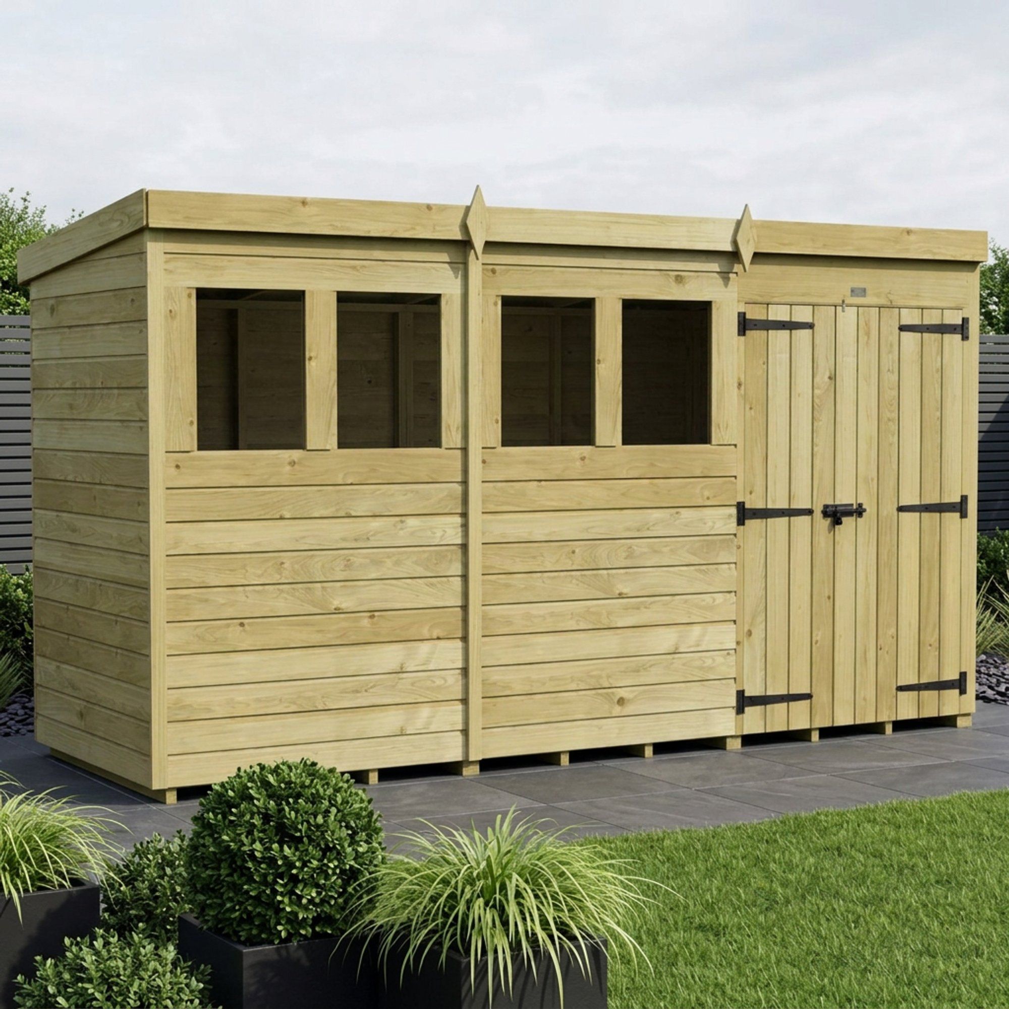 12 x 4 Pent Shed (Double Door, With Windows)