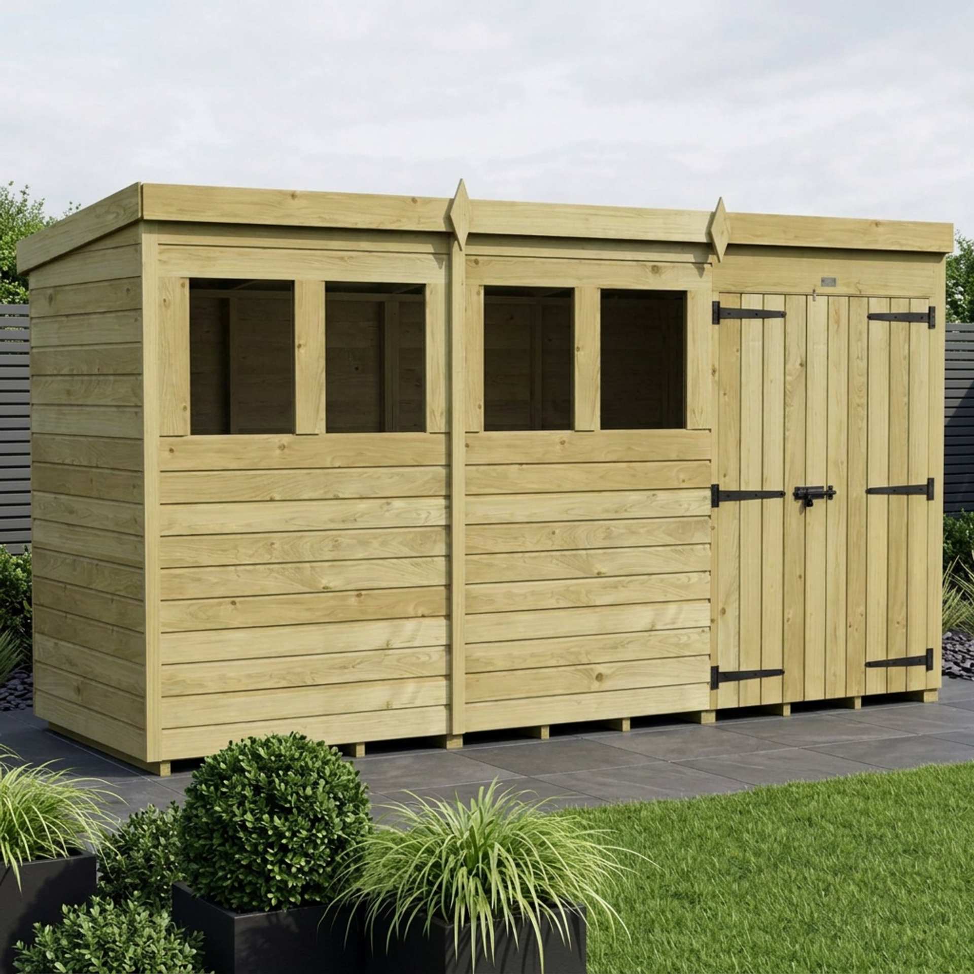 12 x 4 Pent Shed (Double Door, With Windows)