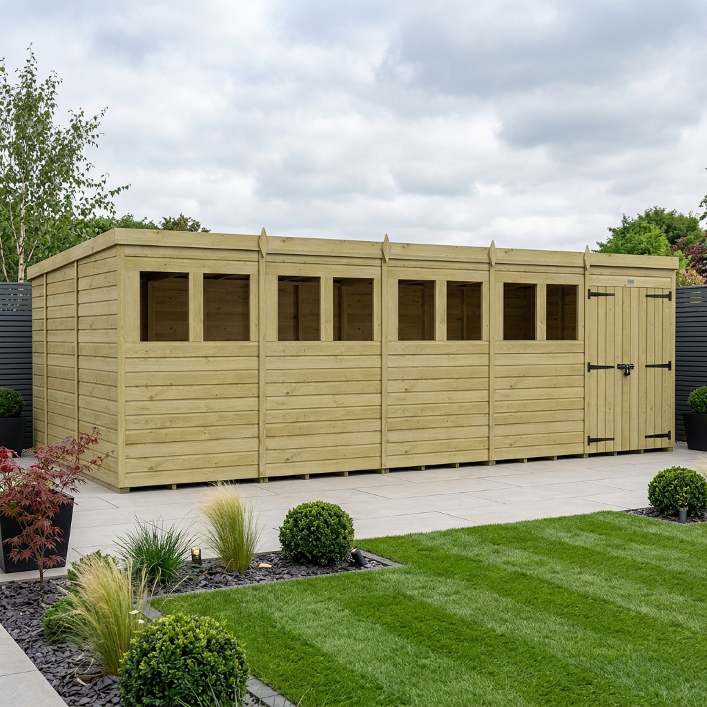 20 x 10 Pent Shed (Double Door, With Windows)
