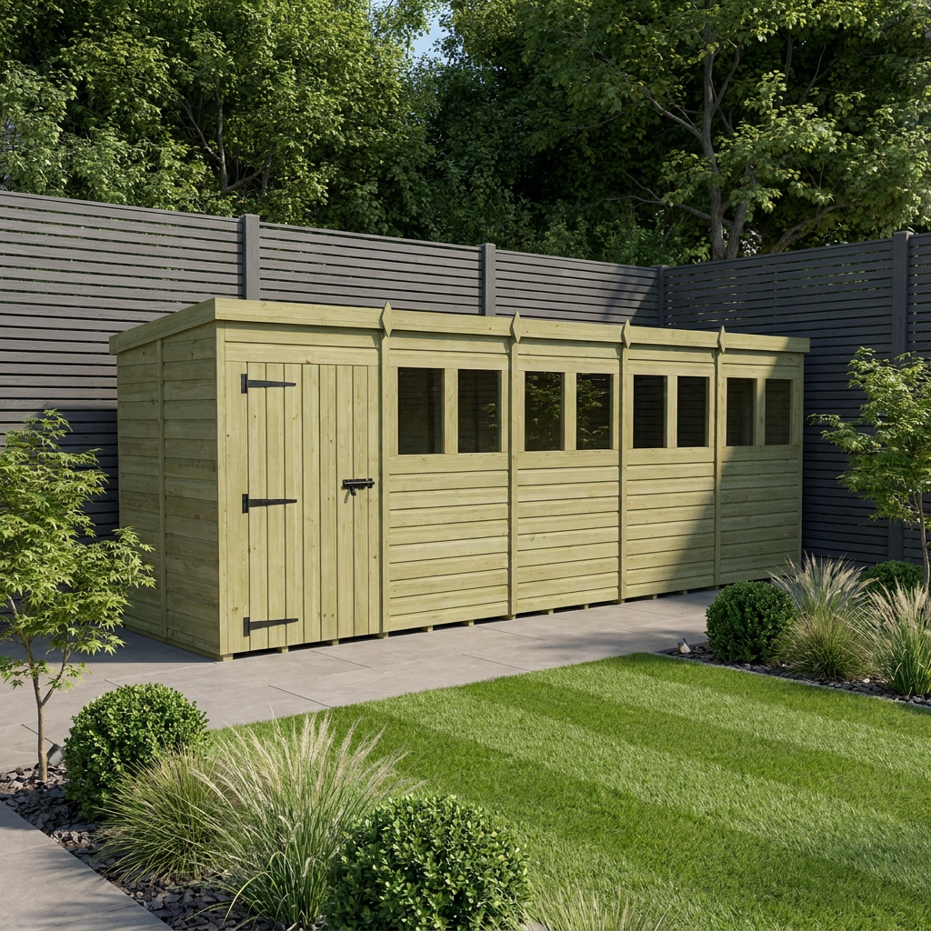 20 x 5 Pent Shed (Single Door, With Windows)