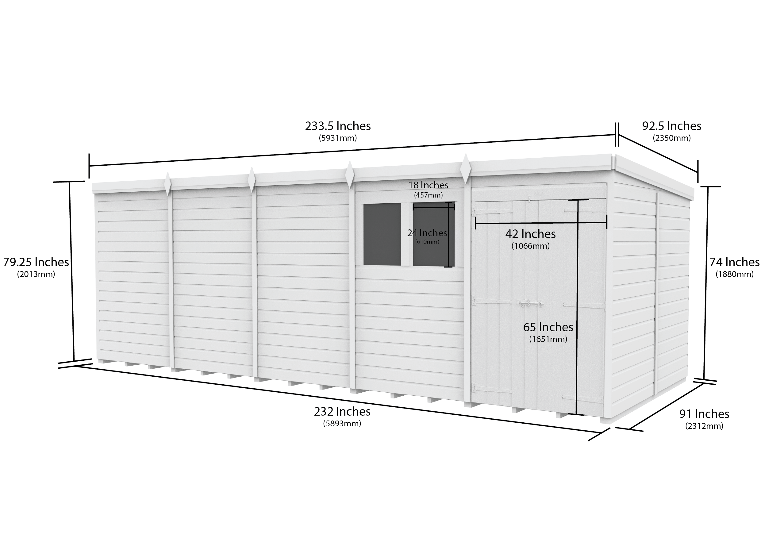 20 x 8 Pent Shed (Double Door, With Windows)