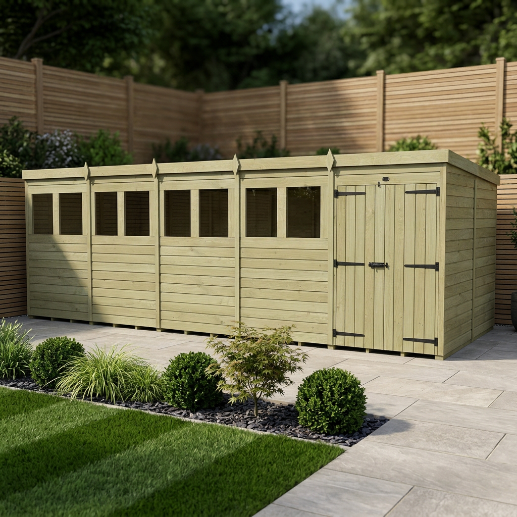 20 x 8 Pent Shed (Double Door, With Windows)
