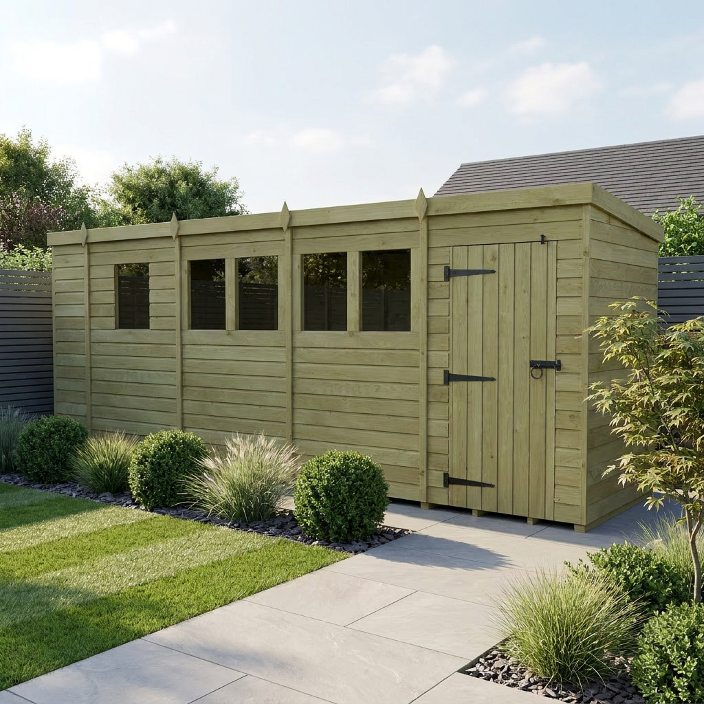 17 x 4 Pent Shed (Single Door, With Windows)