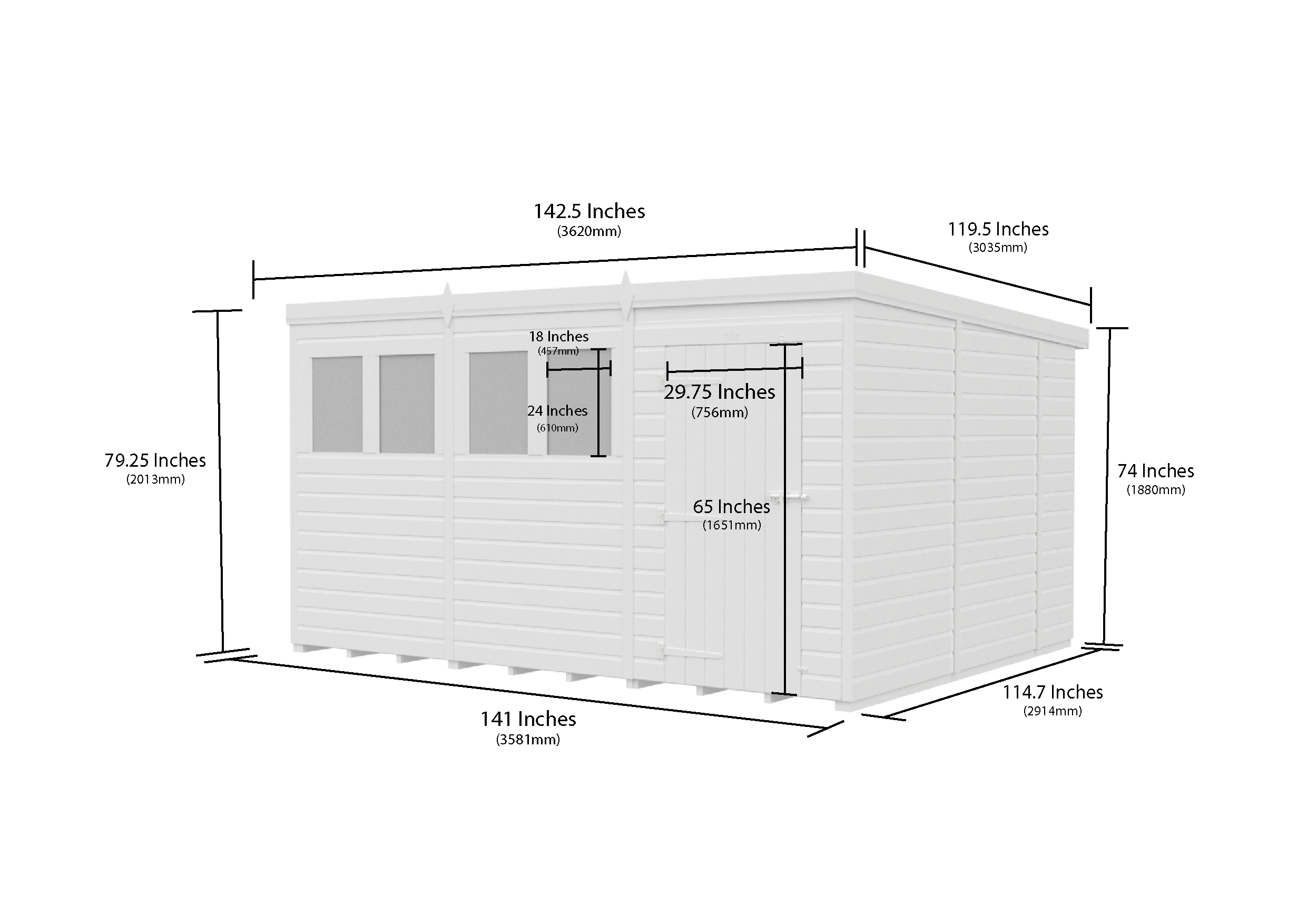 12x10 Pent Composite Shed (Single Door, With Windows)
