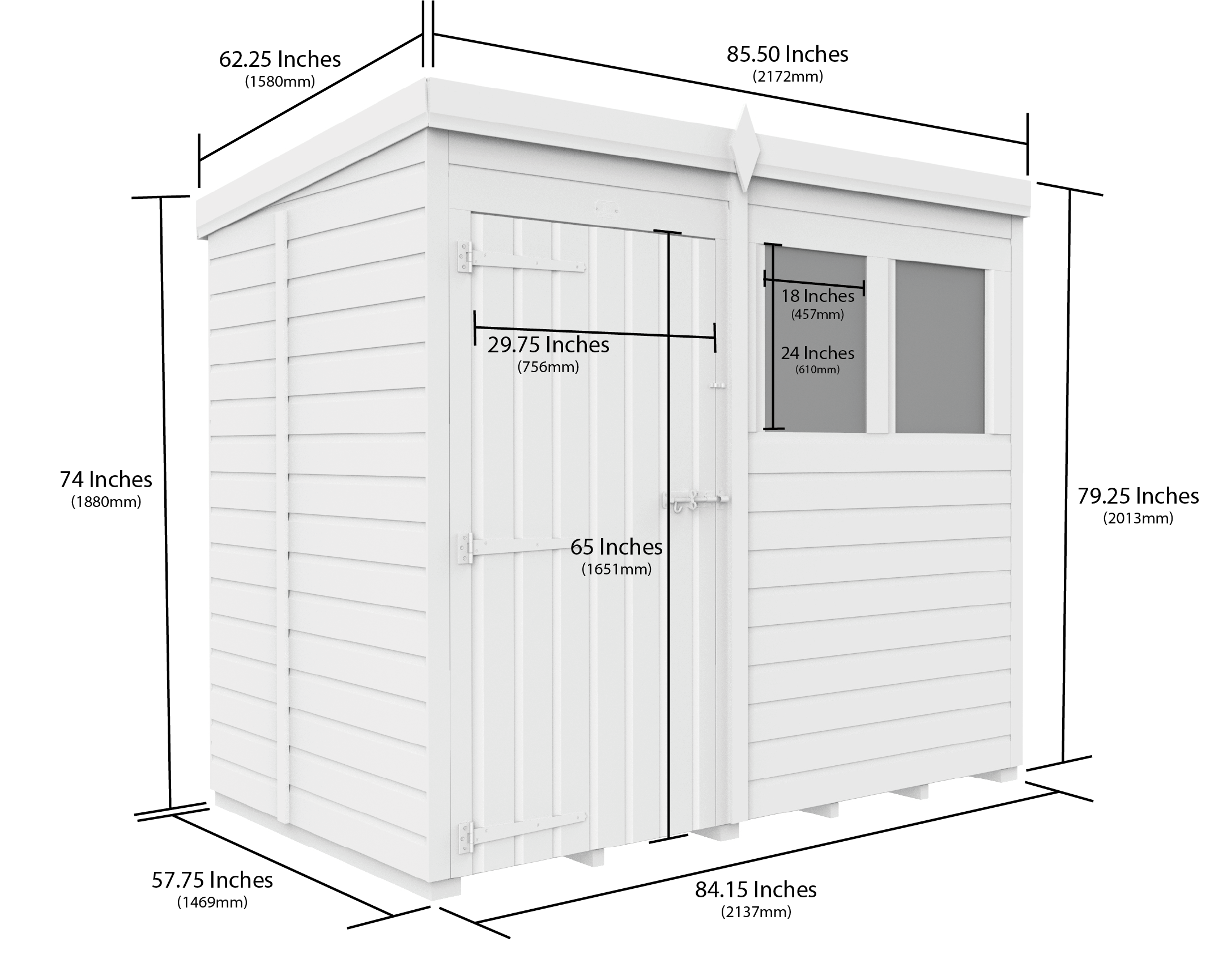 7 x 5 Pent Shed (Single Door, With Windows)