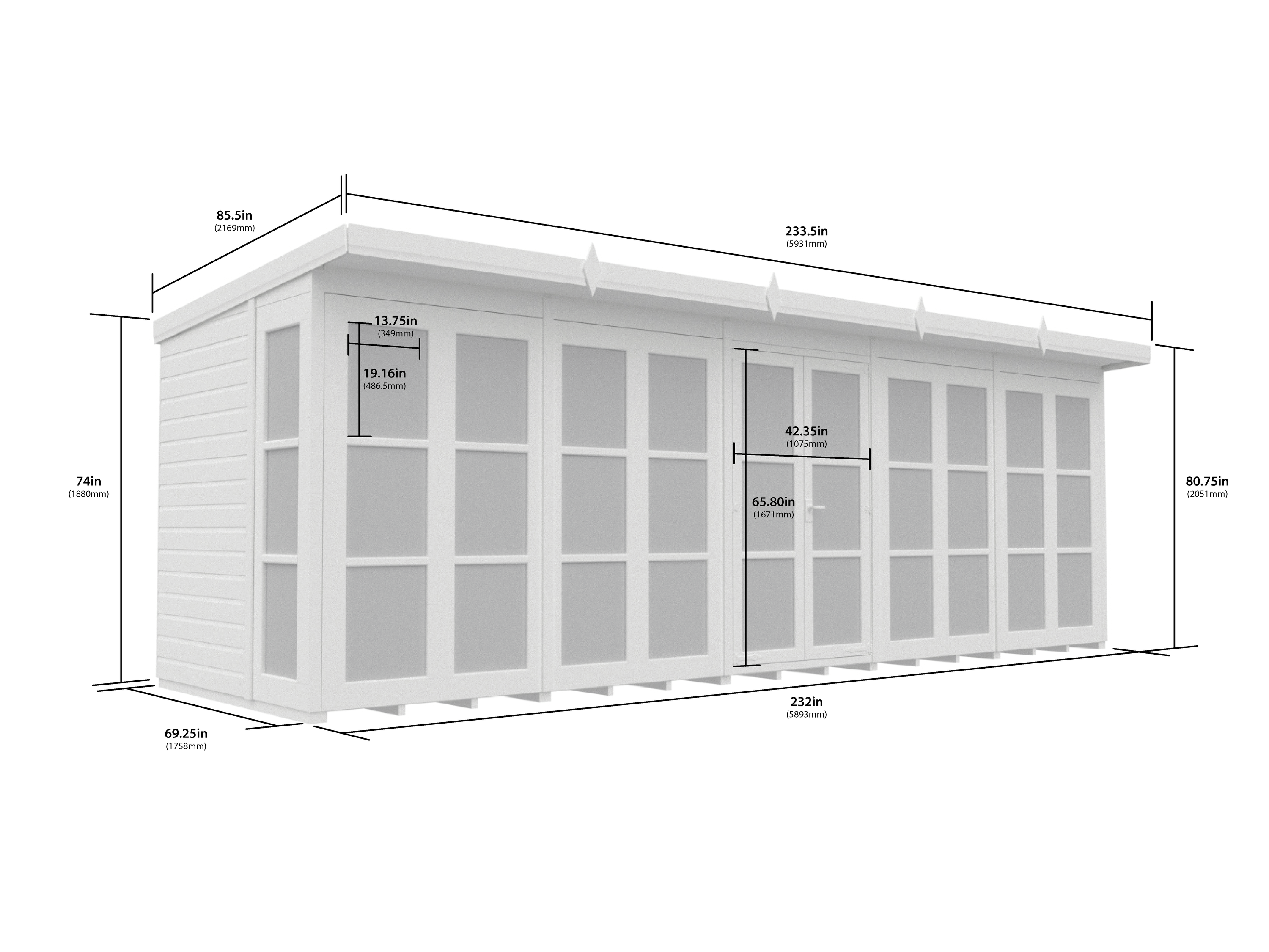 20 x 6 Georgian Window Pent Summer House
