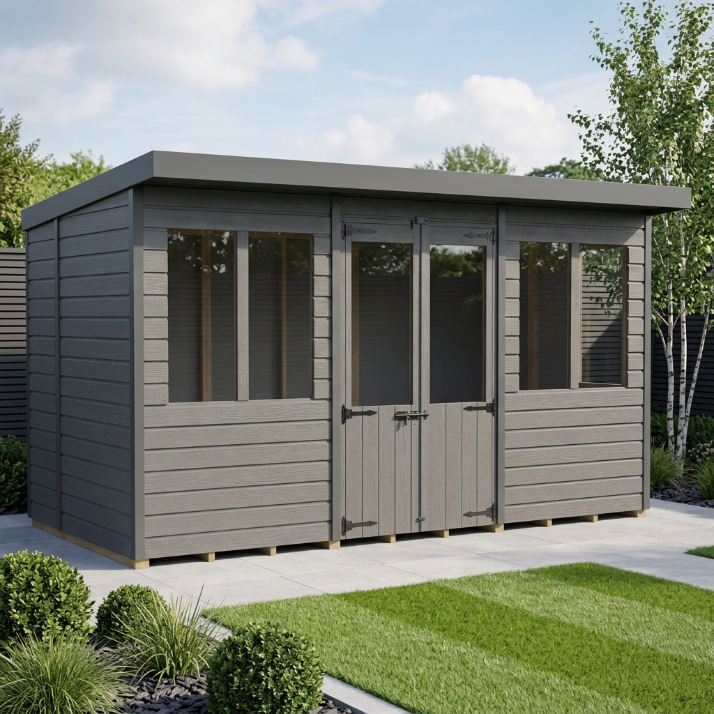 12x7 Composite Pent Summer House (Double Doors, With Windows)