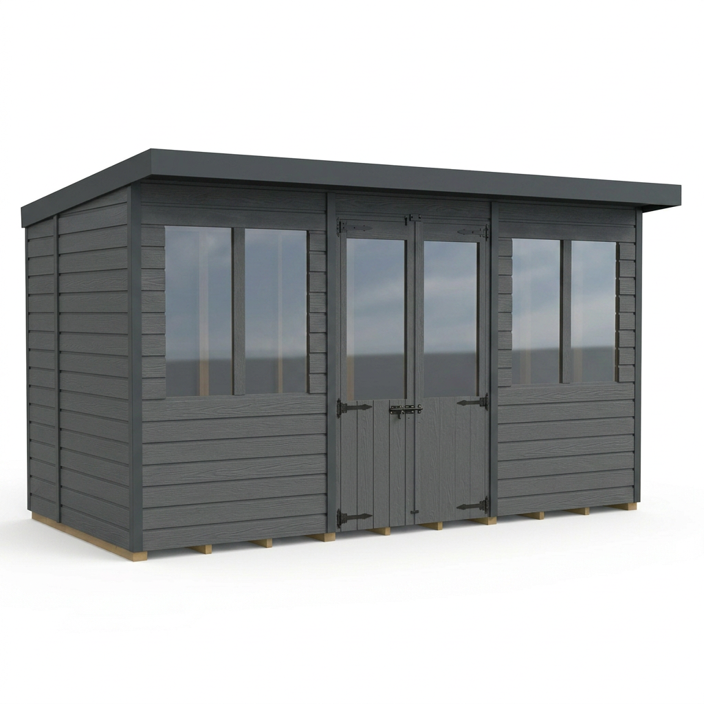 12x7 Composite Pent Summer House (Double Doors, With Windows)