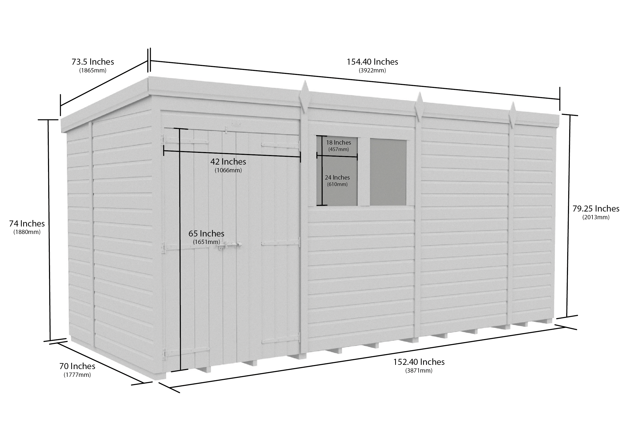 13 x 6 Pent Shed (Double Door, With Windows)