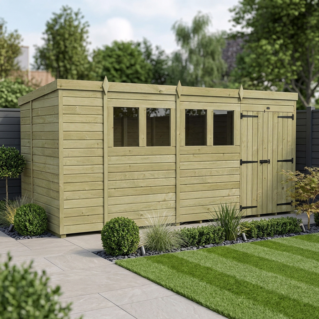 13 x 6 Pent Shed (Double Door, With Windows)
