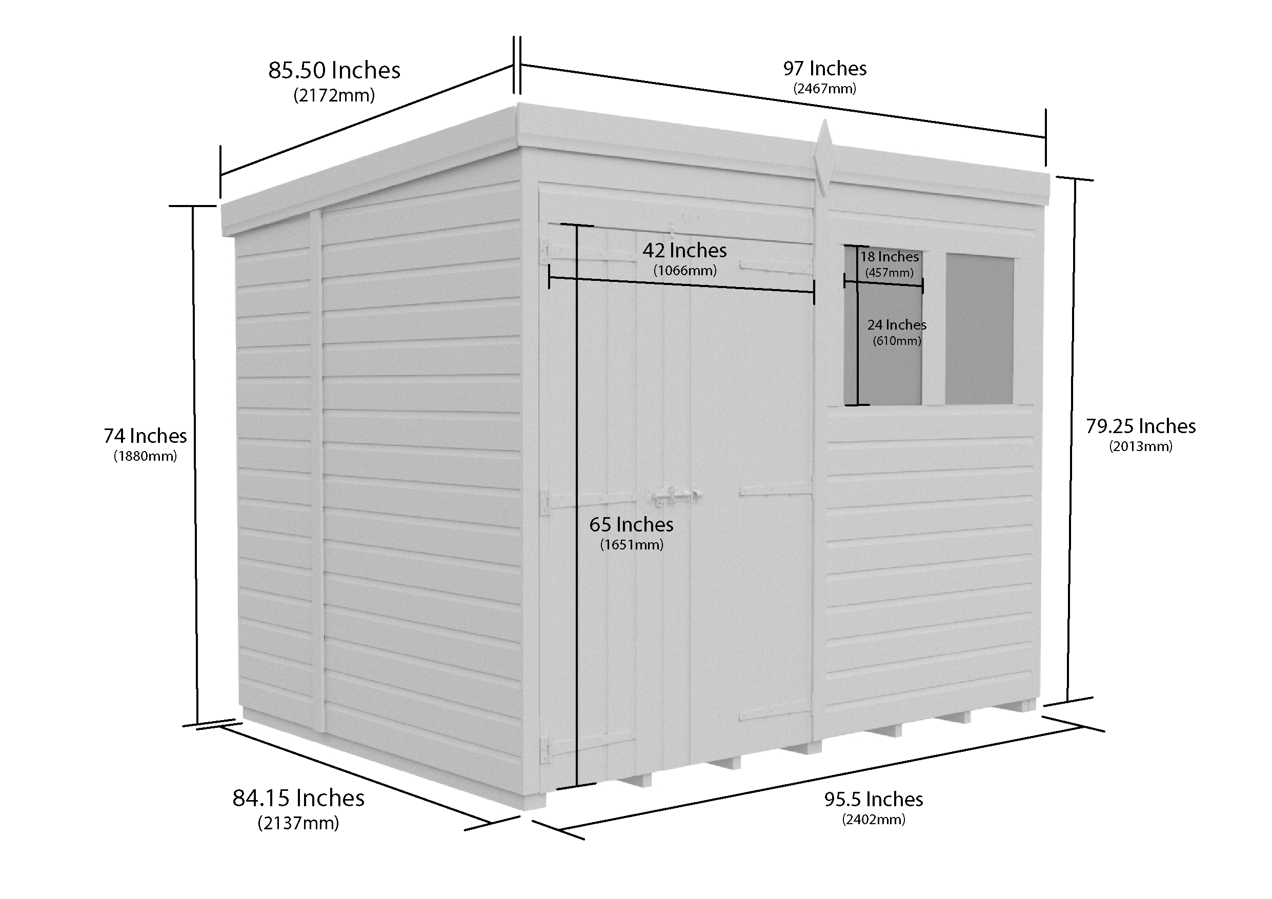 8 x 7 Pent Shed (Double Door, With Windows)