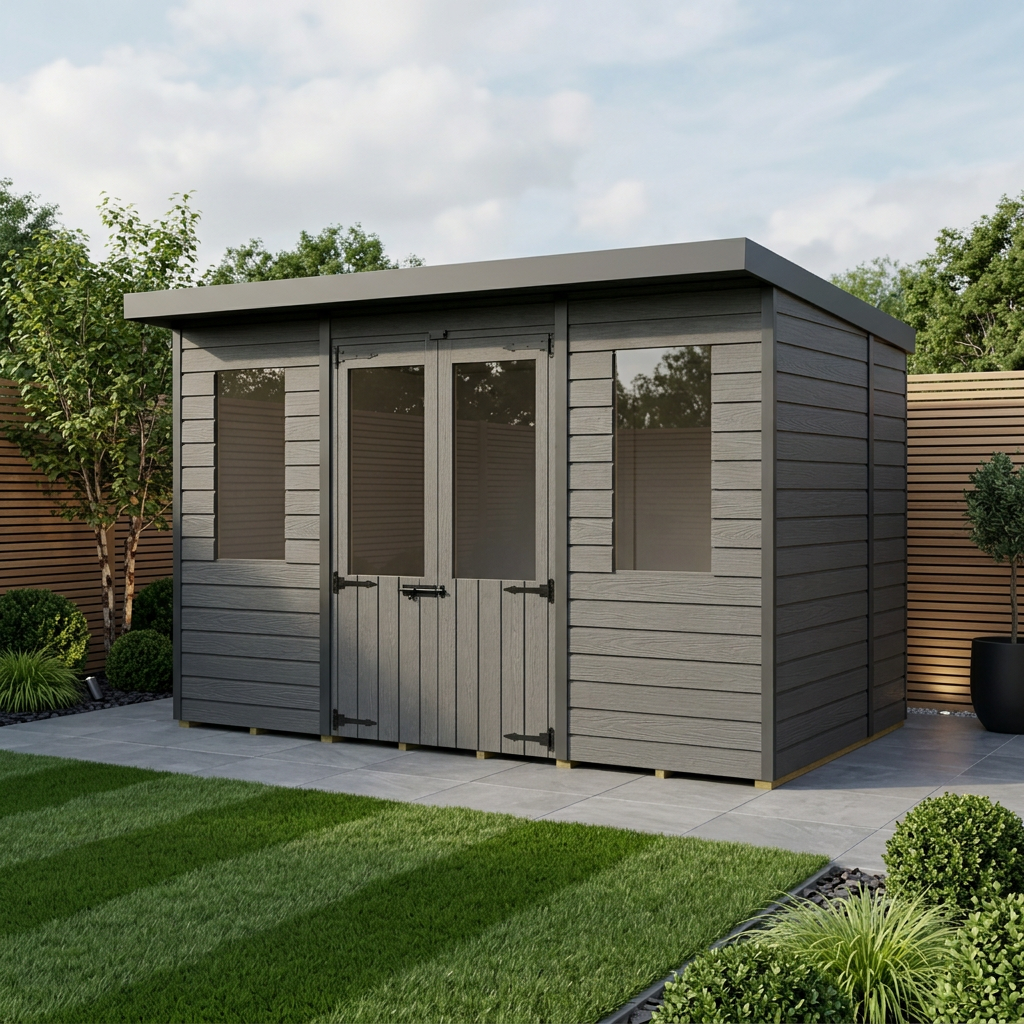 10x7 Composite Pent Summer House (Double Doors, With Windows)