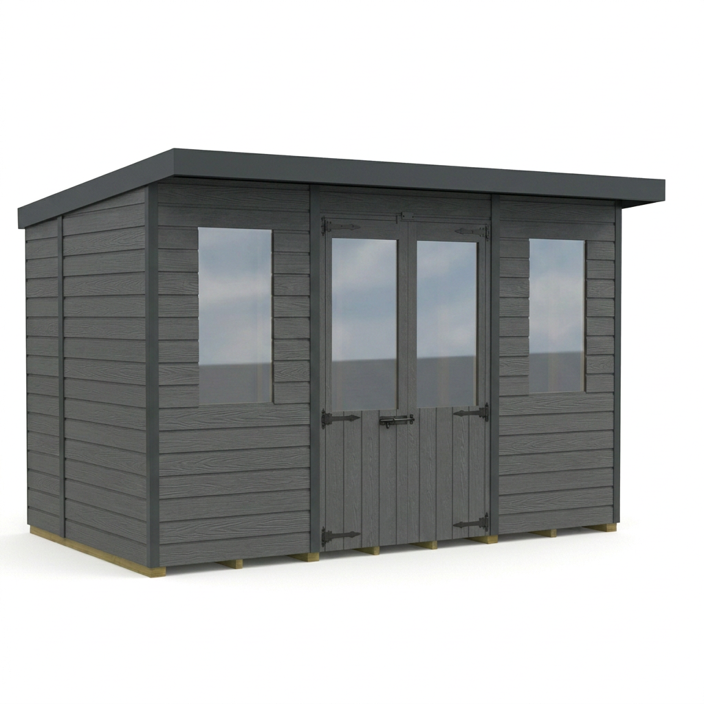 10x7 Composite Pent Summer House (Double Doors, With Windows)